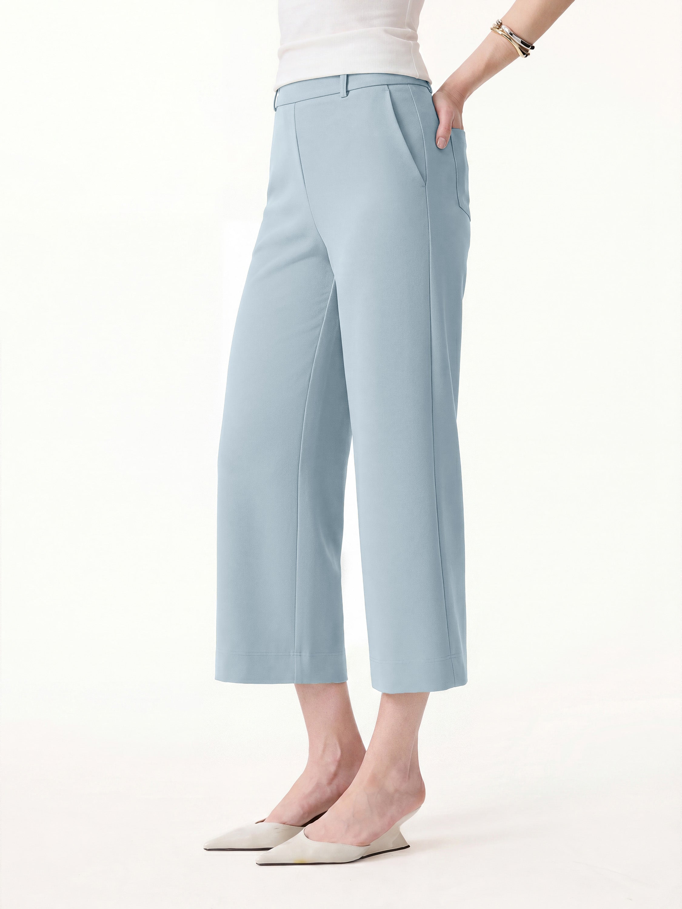 Not-See-Thru Mid Rise Cropped Wide Leg Pants with Pockets