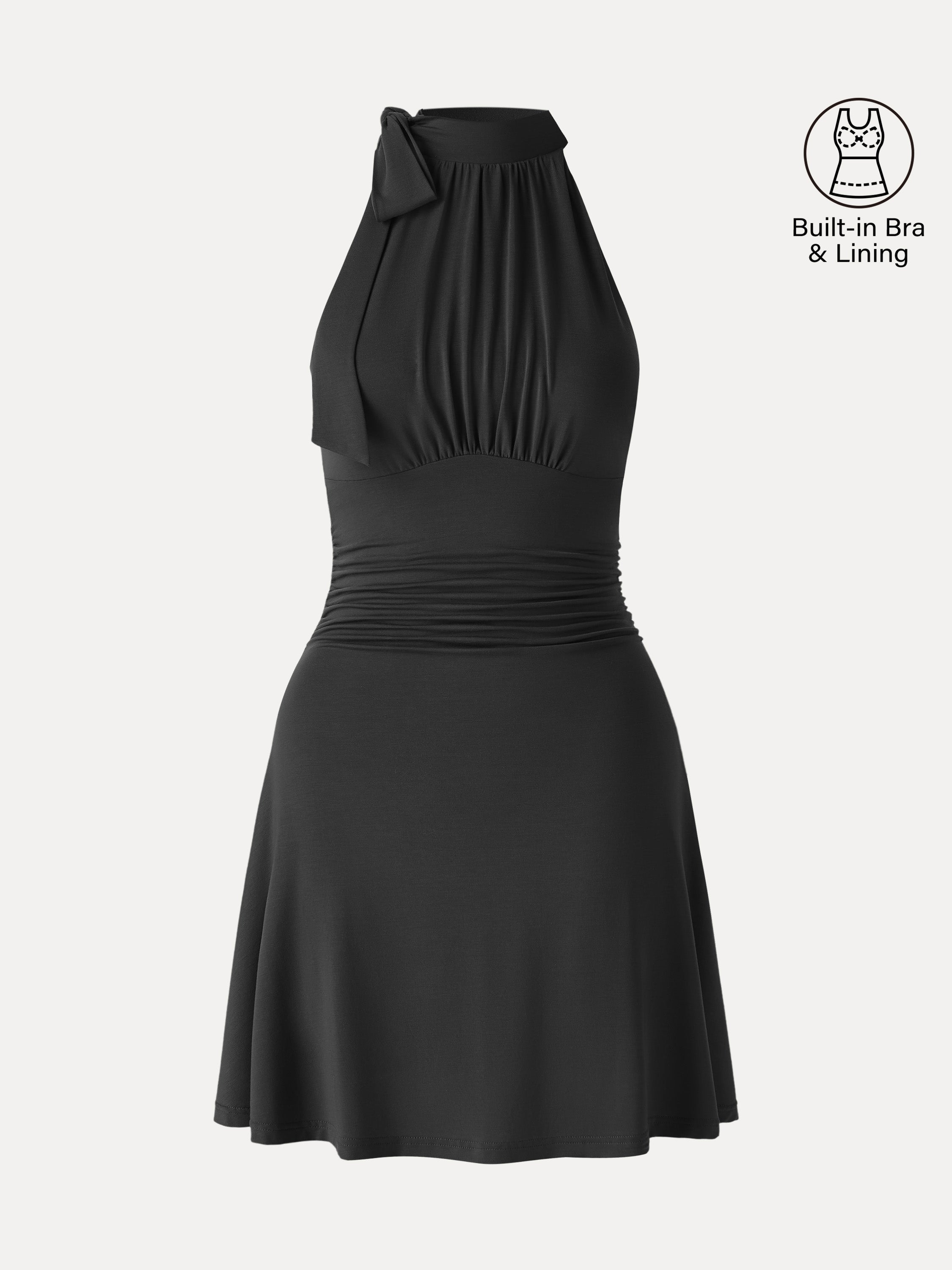 Milky Matte Mockneck Bow Tie Ruched Mini Bra Dress