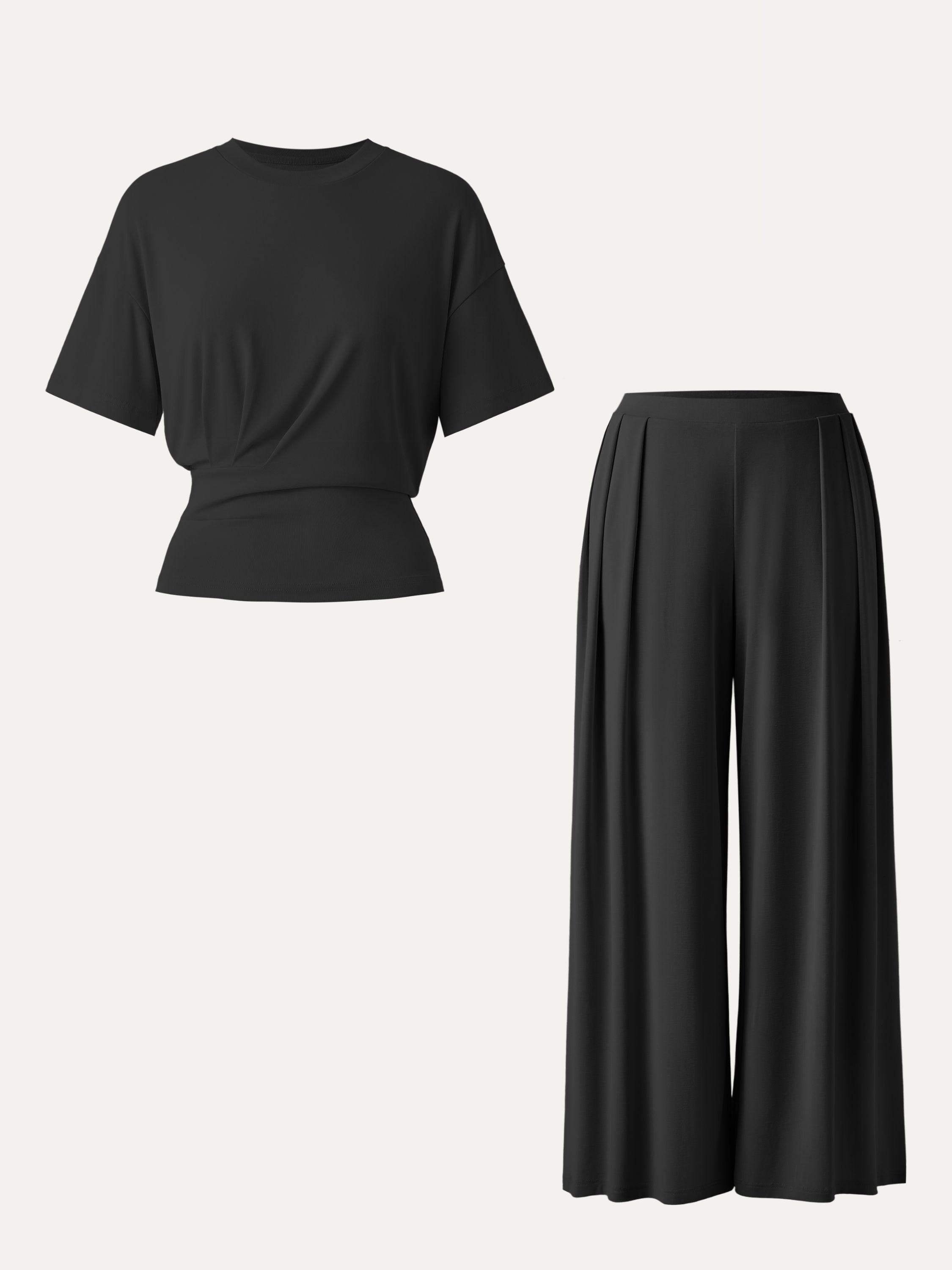 2Pcs Set Crewneck Short Sleeve Tee & Mid Rise Pleated Wide Leg Pant with Pockets