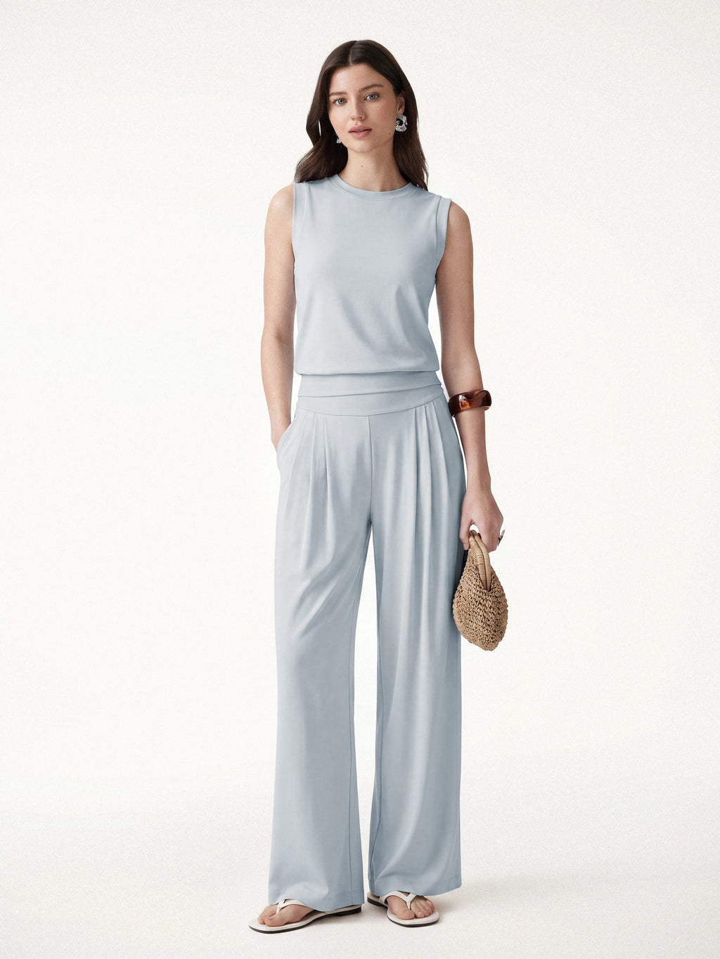 2Pcs Set Crew Neck Top & Flowy Tucked Palazzo Pant with Pockets