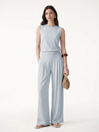 2Pcs Set Crew Neck Top & Flowy Tucked Palazzo Pant with Pockets