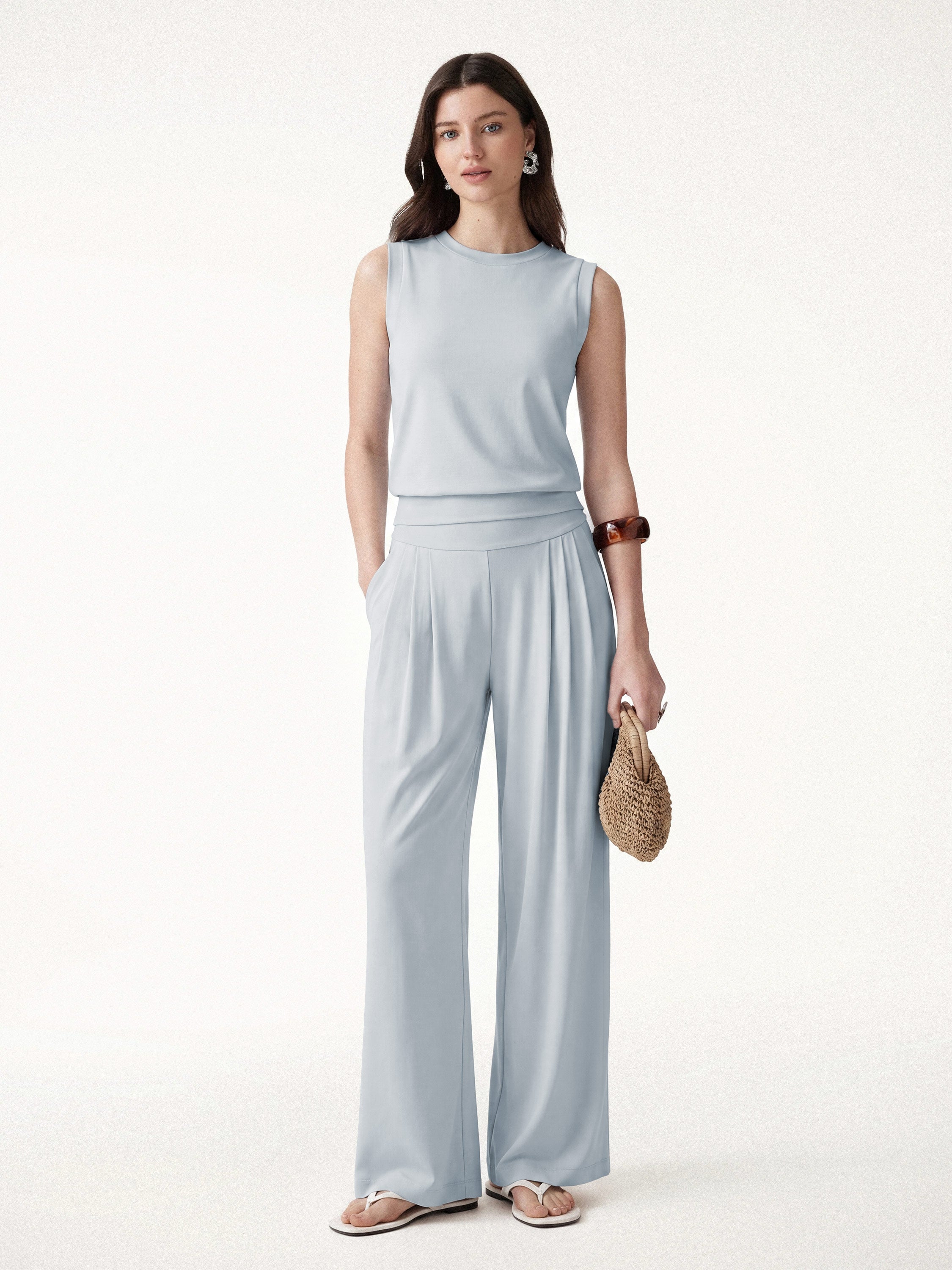 2Pcs Set Crew Neck Top & Flowy Tucked Palazzo Pant with Pockets