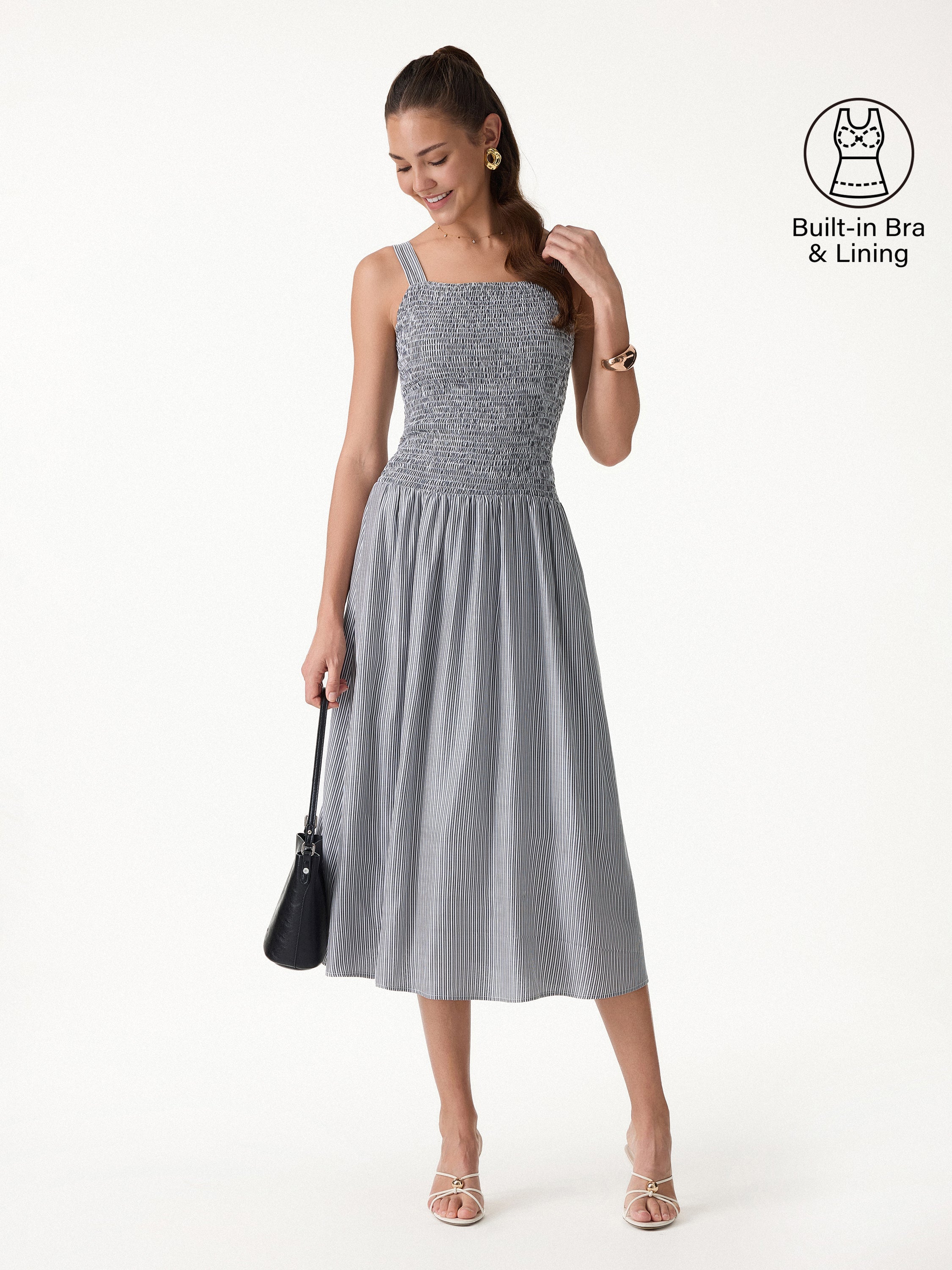 Striped Poplin Square Neck Smocked Midi Bra Dress