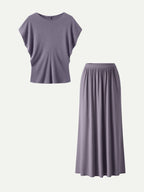 2Pcs Set Round Neck Top & A-Line Maxi Skirt with Pockets