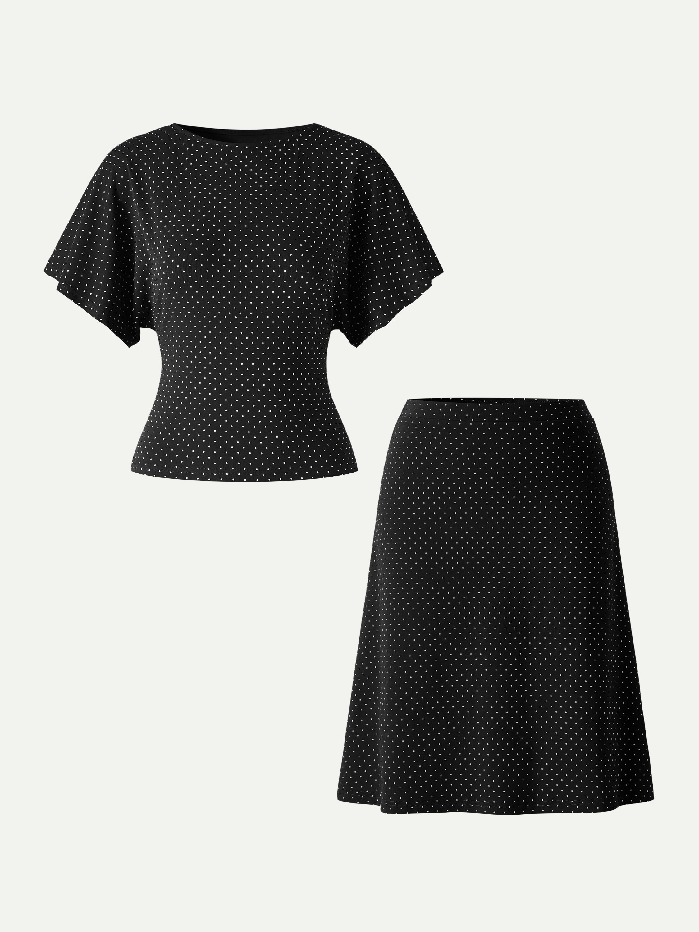 2Pcs Set Boatneck Flutter Sleeves Polka Dot Top & A-Line Flare Skirt Limited Edition
