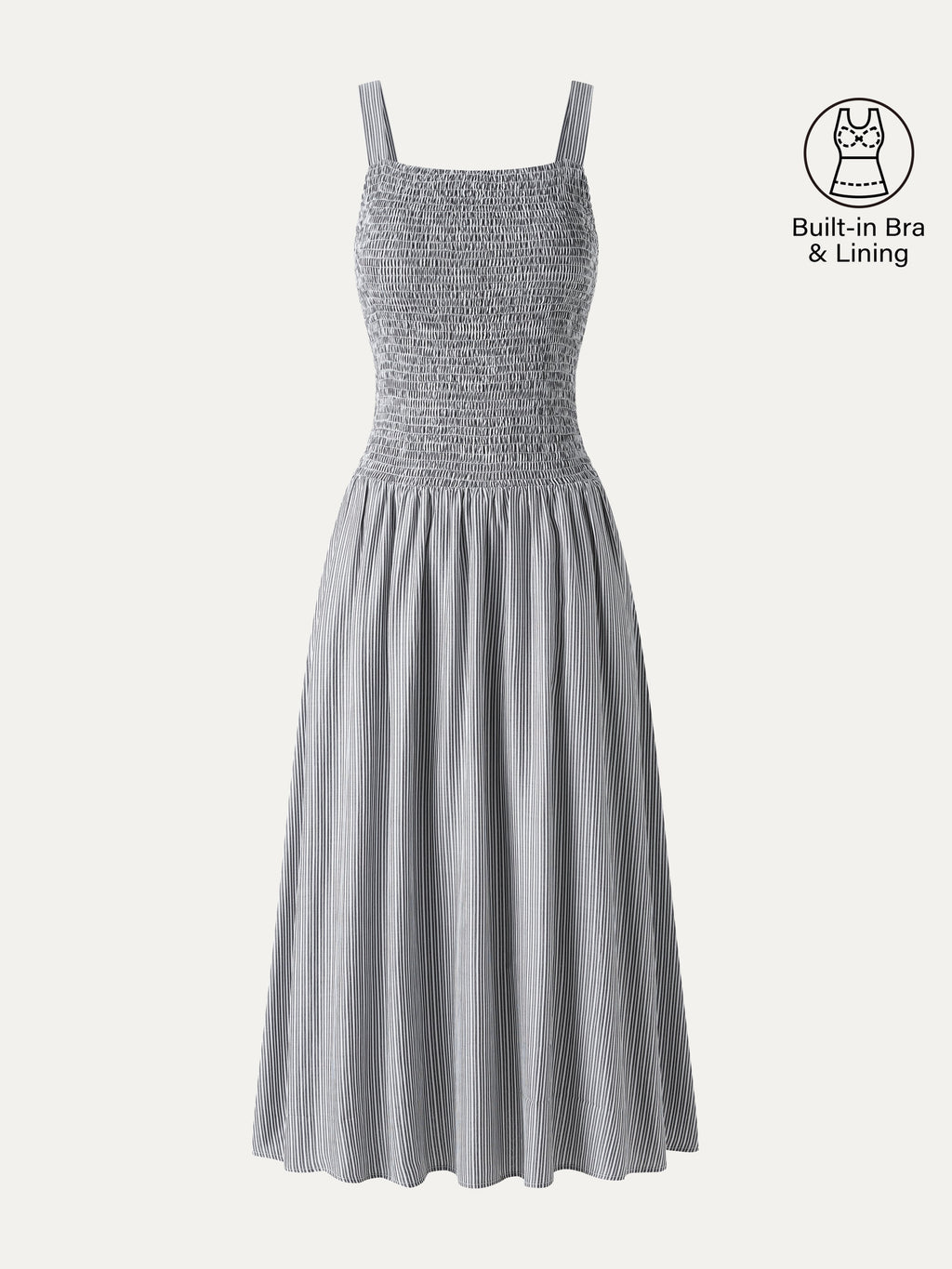 Striped Poplin Square Neck Smocked Midi Bra Dress