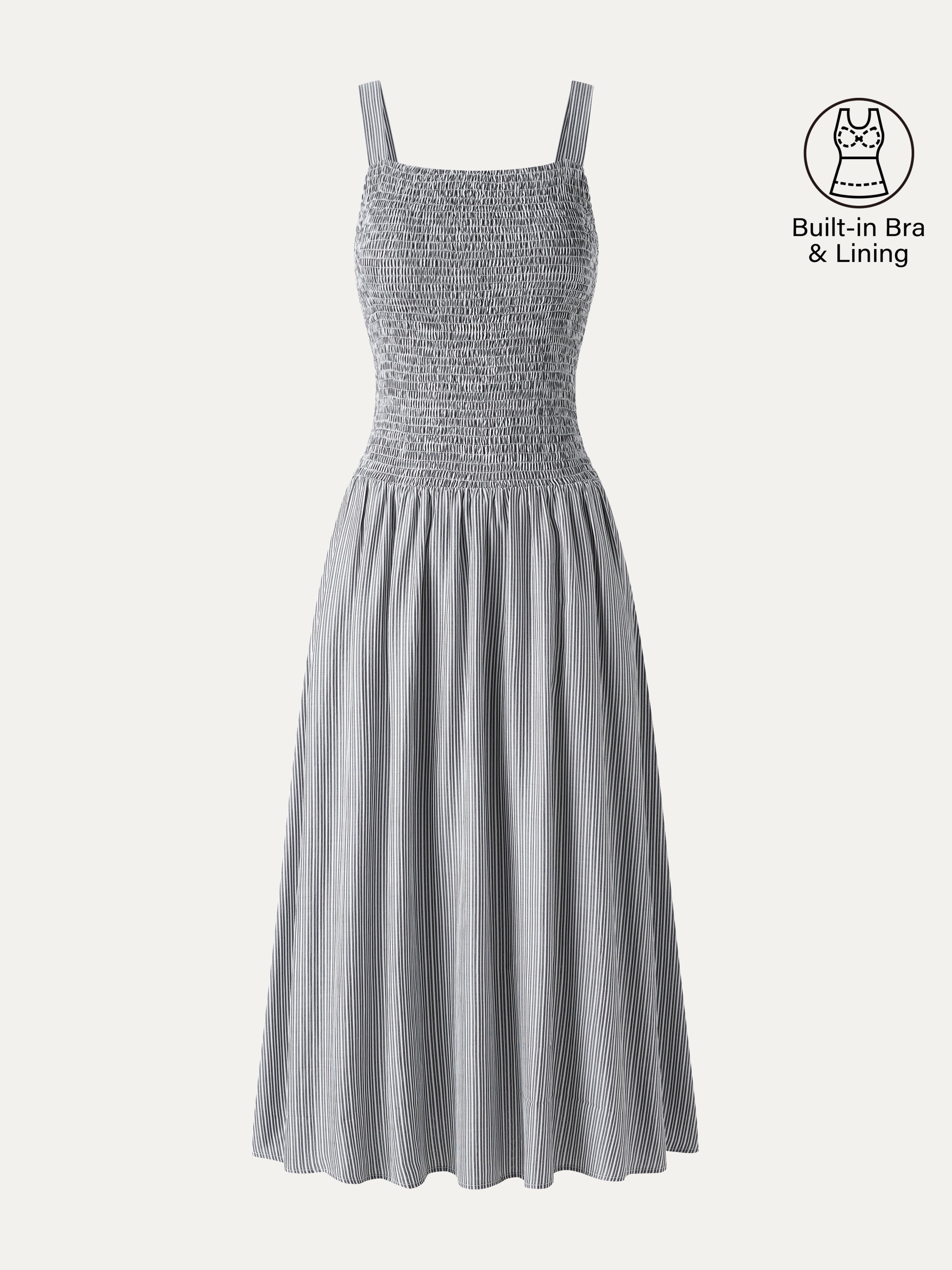 Striped Poplin Square Neck Smocked Midi Bra Dress