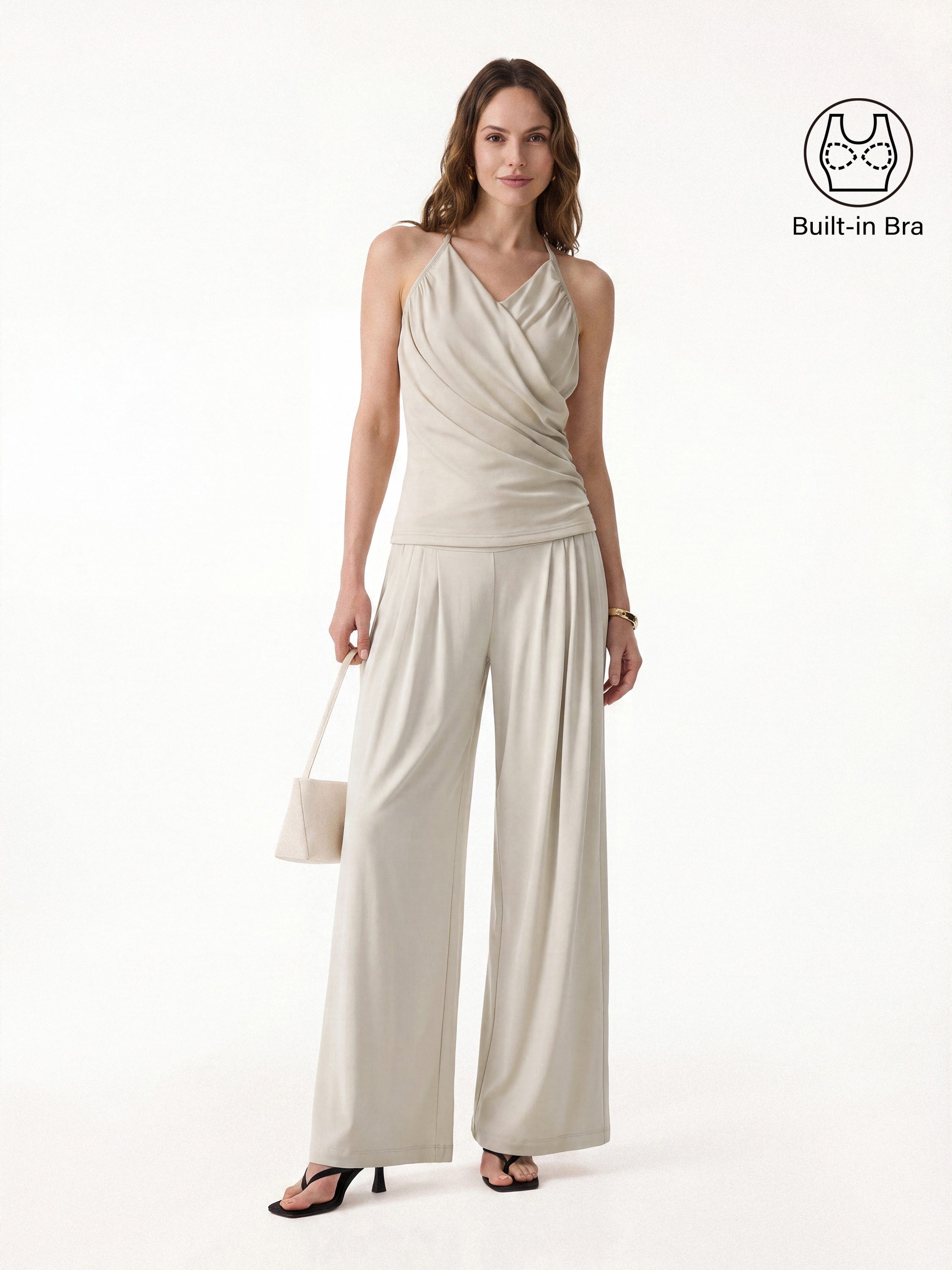 2Pcs Set Halter Neck Surplice Bra Top & Tucked Palazzo Pant with Pockets