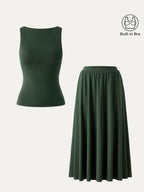 2Pcs Set Stretch Cotton Boatneck Bra Tank & Maxi Umbrella Skirt with Pockets