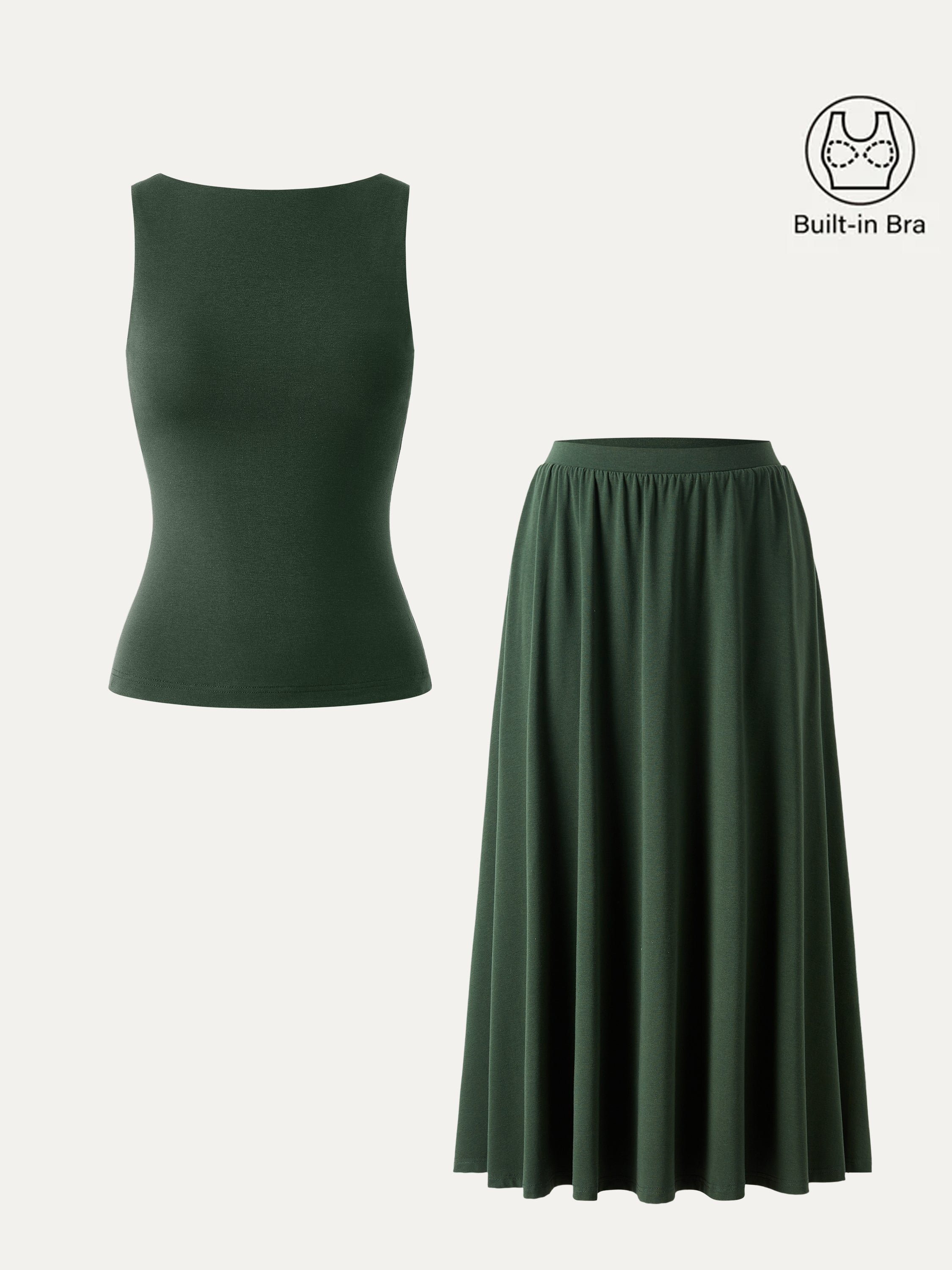 2Pcs Set Stretch Cotton Boatneck Bra Tank & Maxi Umbrella Skirt with Pockets