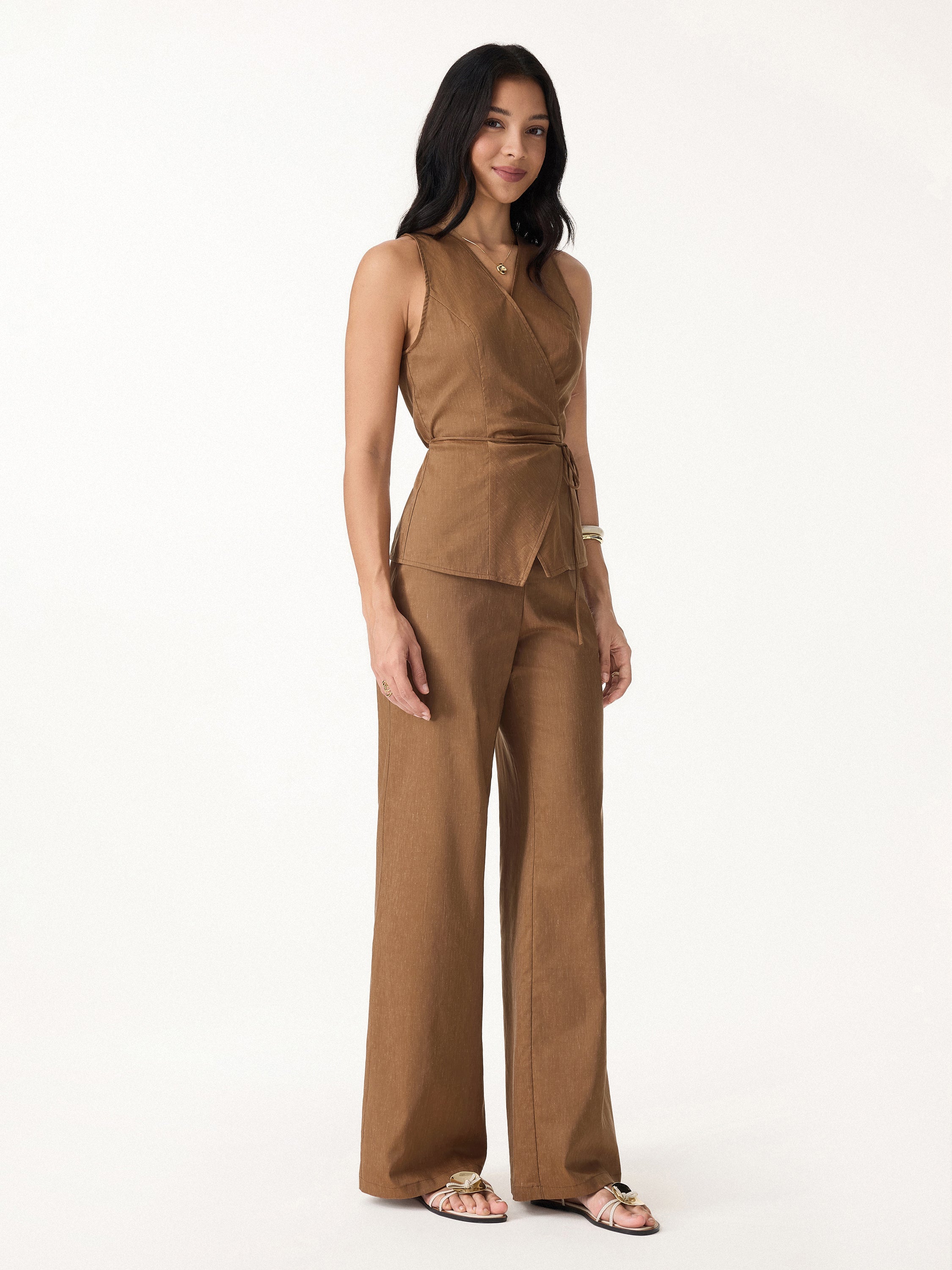 2Pcs Set Wrap Top with Self-Tie & Drawstring Wide Leg Pant with Pockets