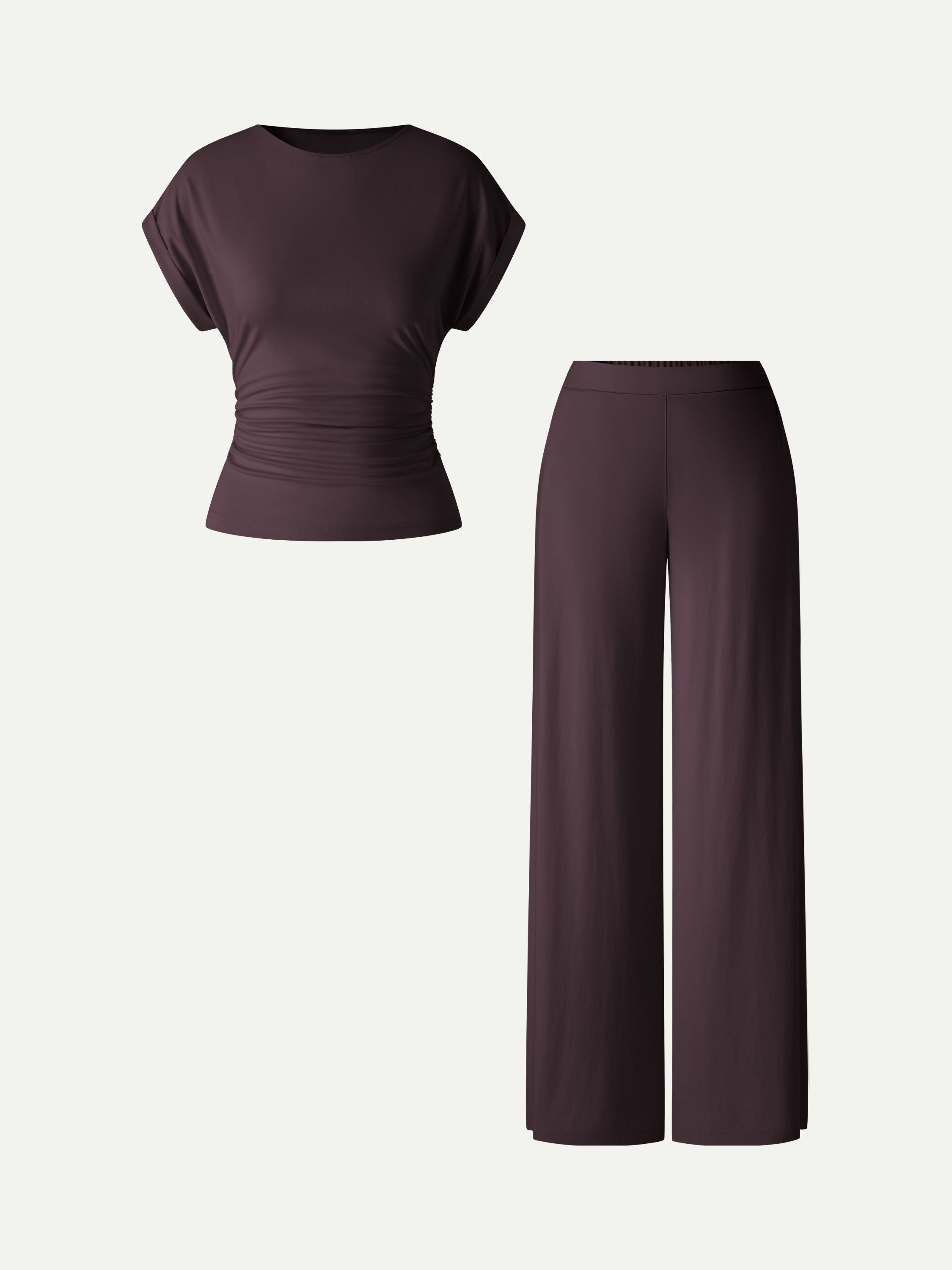 2Pcs Set Round Neck Ruched Tee & Mid Rise Wide Leg Pants