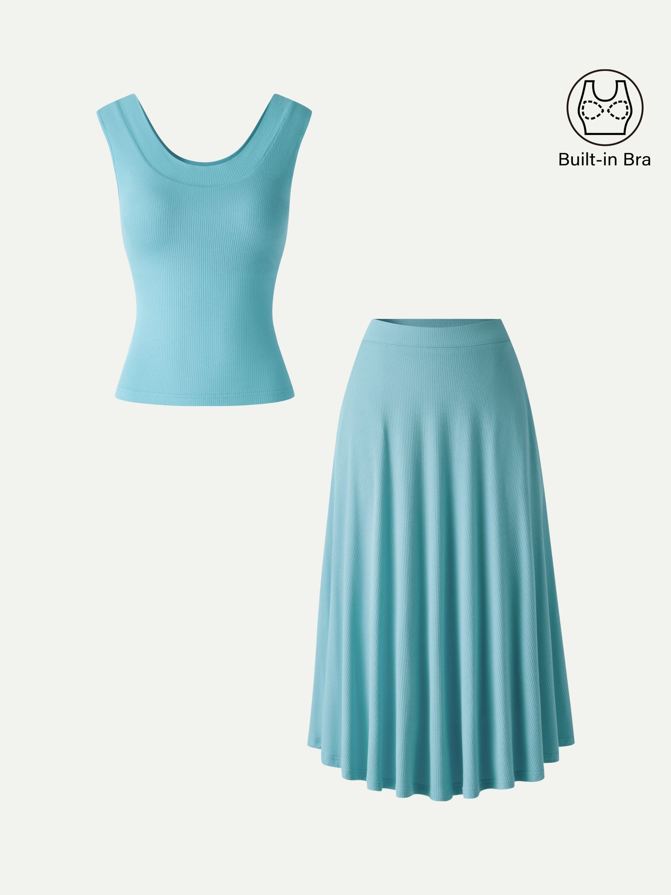 2Pcs Set U-Neck Bra Tank & Midi Skirt with Pockets