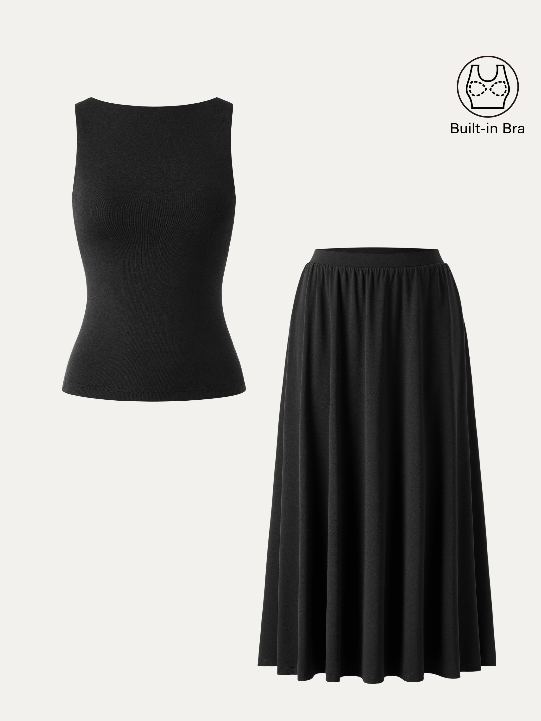 2Pcs Set Stretch Cotton Boatneck Bra Tank & Maxi Umbrella Skirt with Pockets