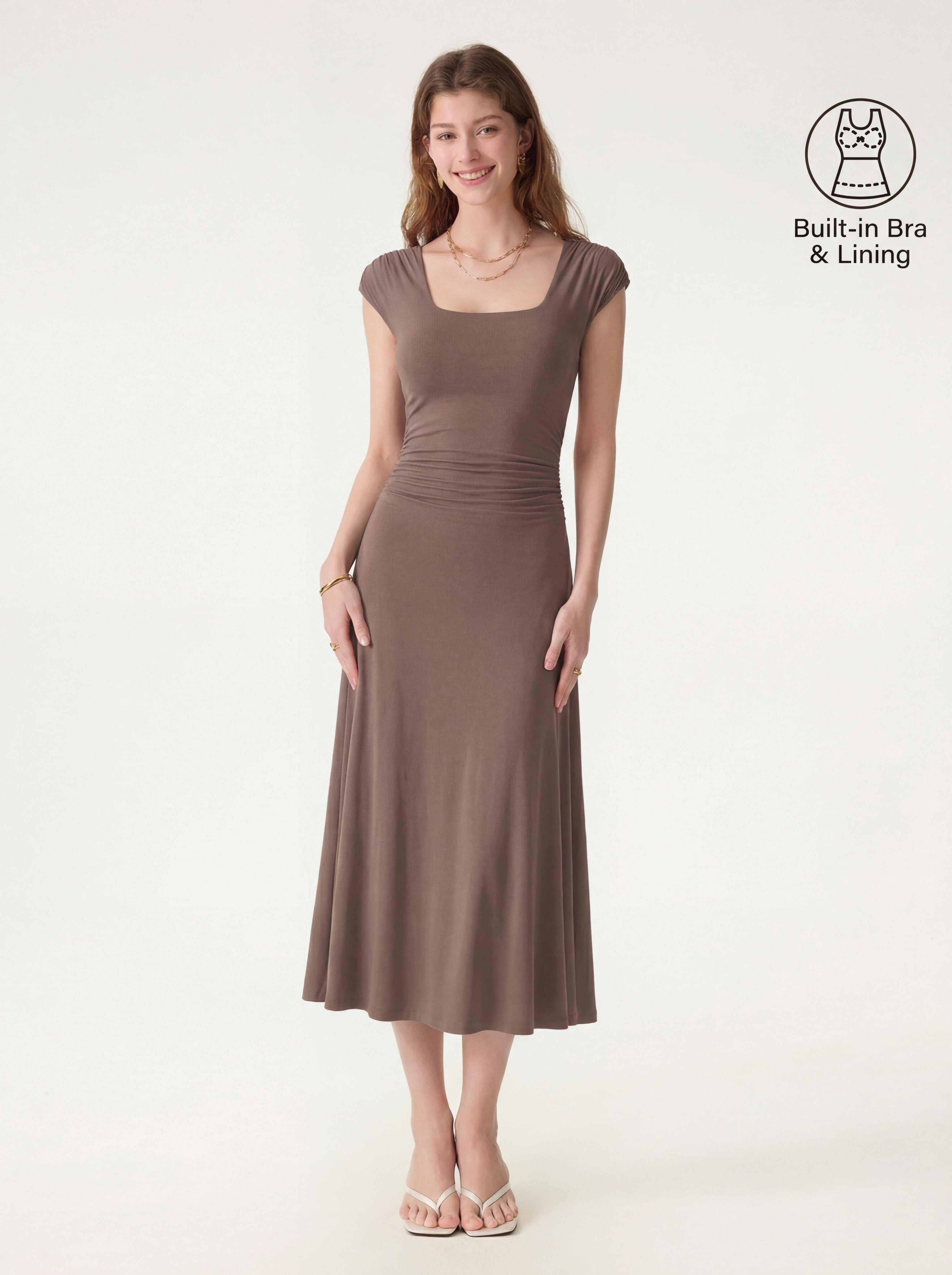SkinKiss Cooling Square Neck Ruched Midi Bra Dress