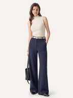 Stretchy Mid Rise Fly-Front Wide Leg Trouser