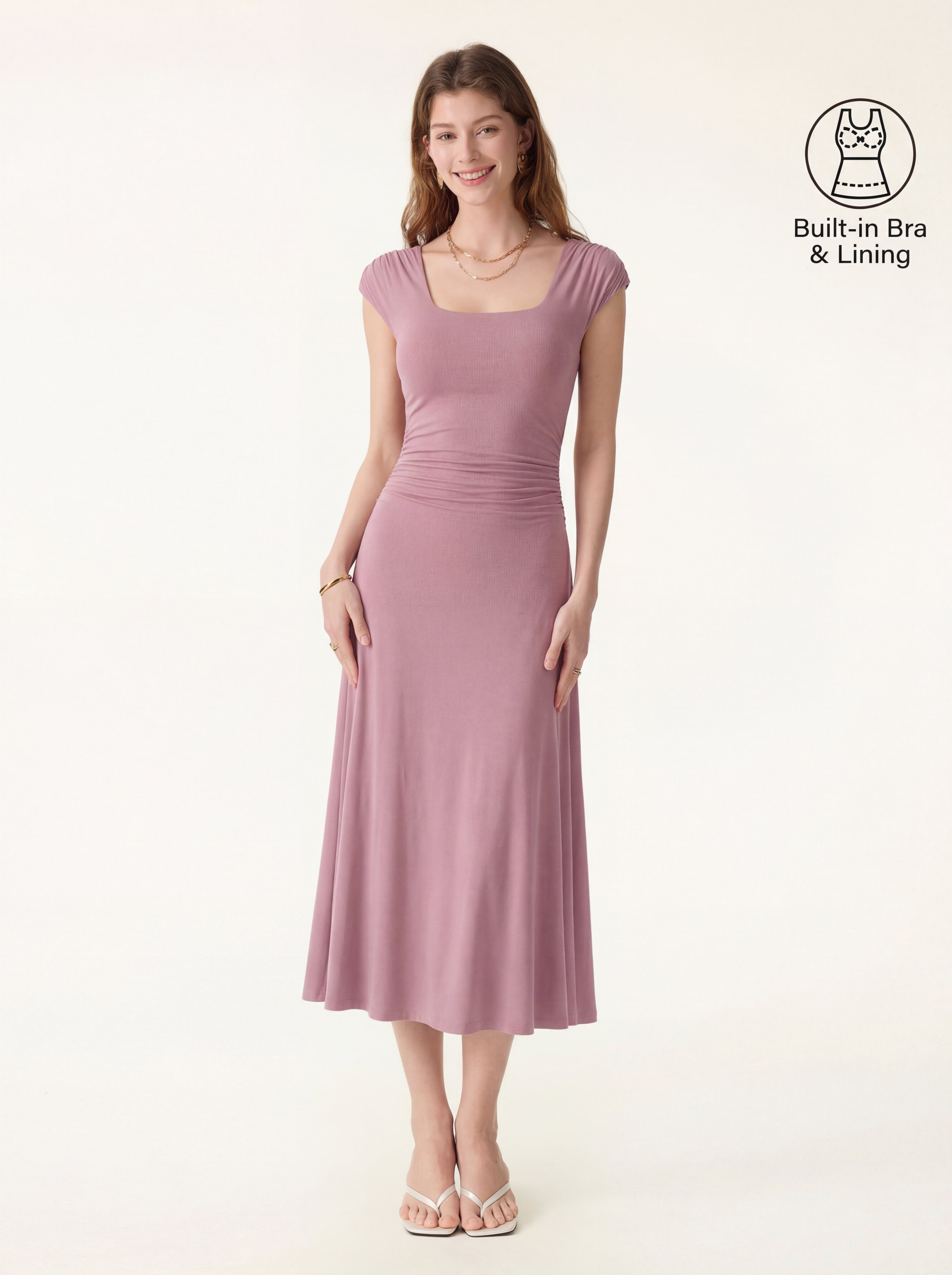 SkinKiss Cooling Square Neck Ruched Midi Bra Dress
