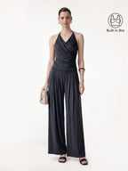 2Pcs Set Halter Neck Surplice Bra Top & Tucked Palazzo Pant with Pockets