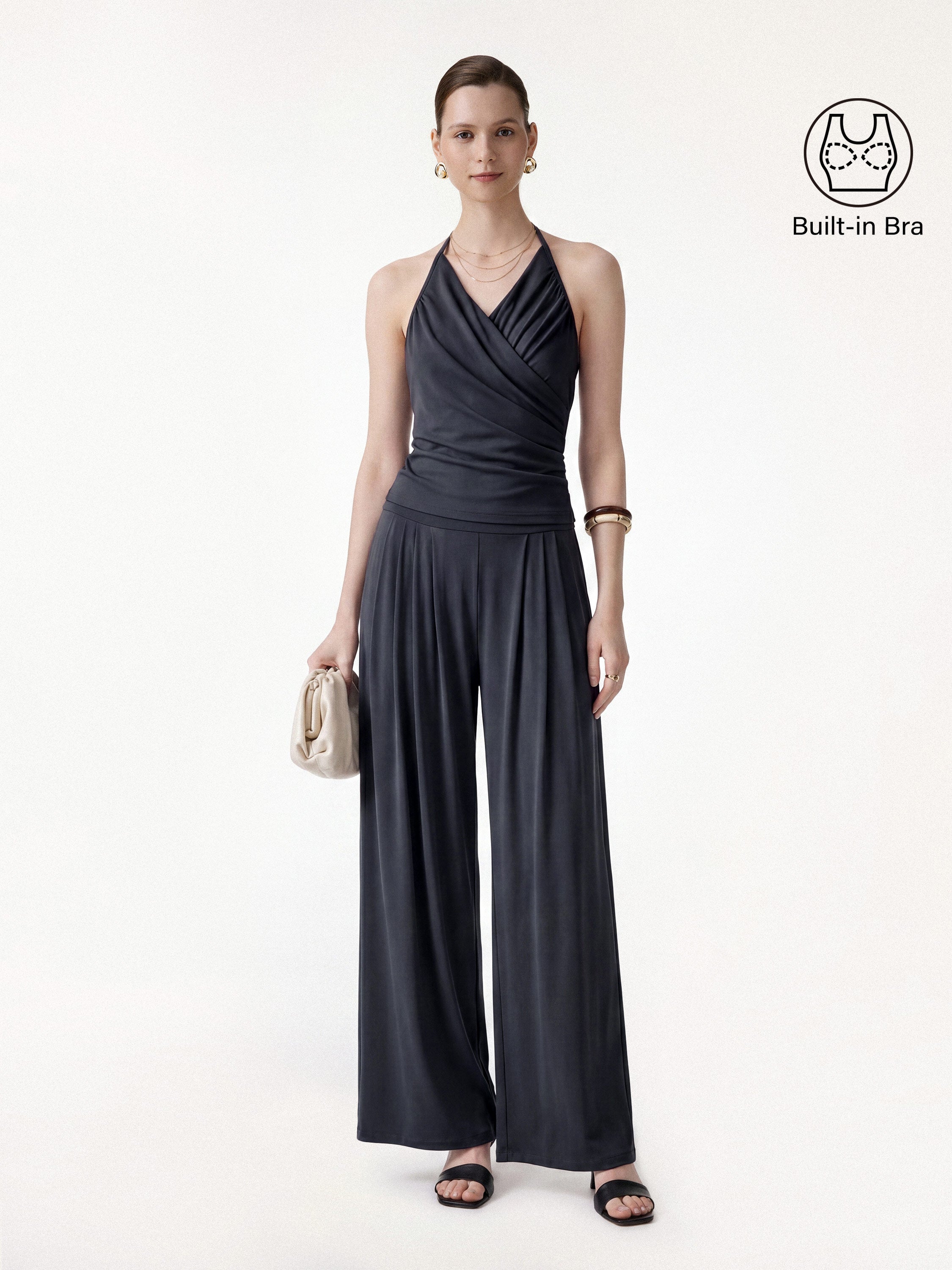 2Pcs Set Halter Neck Surplice Bra Top & Tucked Palazzo Pant with Pockets