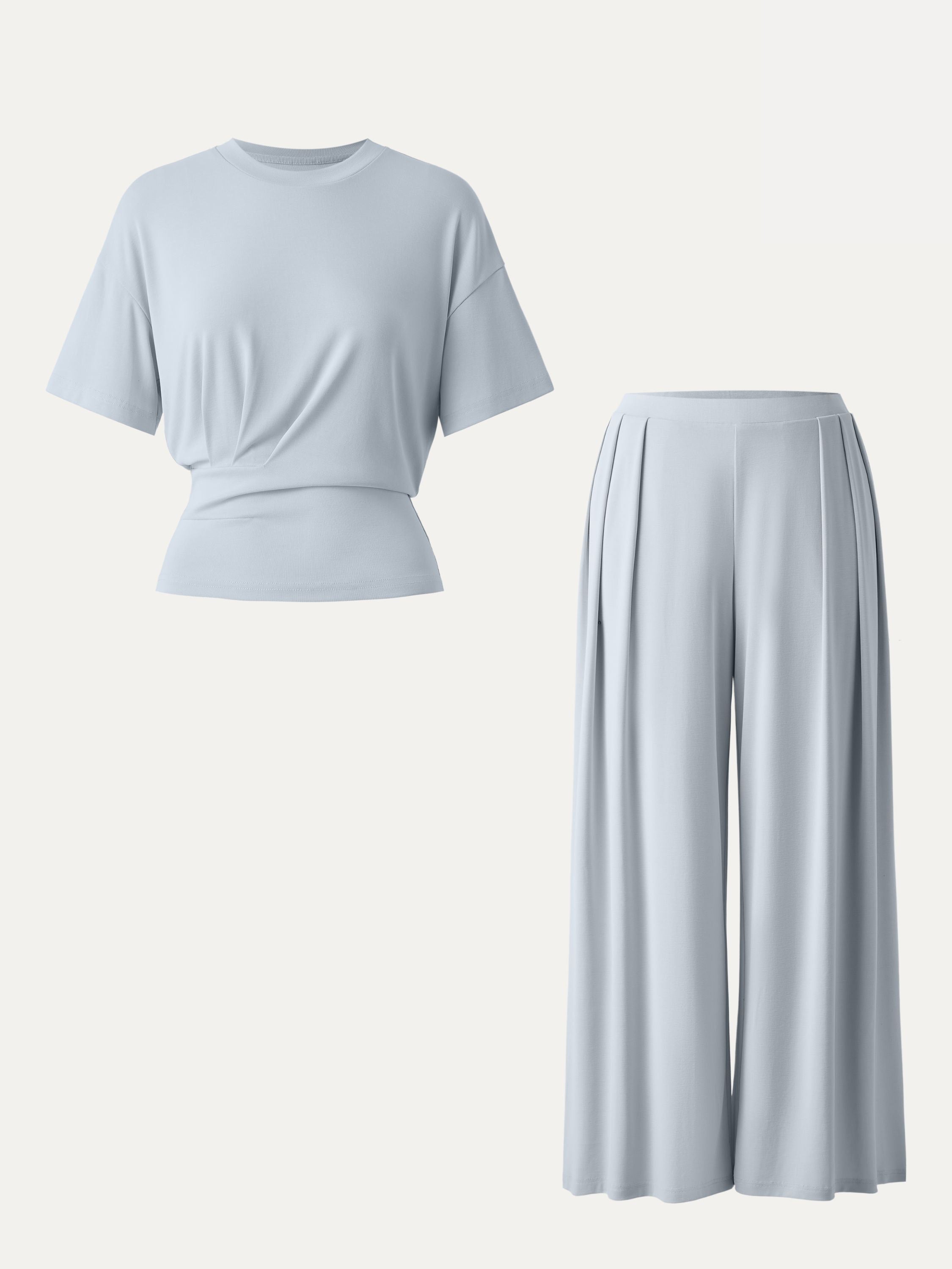 2Pcs Set Crewneck Short Sleeve Tee & Mid Rise Pleated Wide Leg Pant with Pockets
