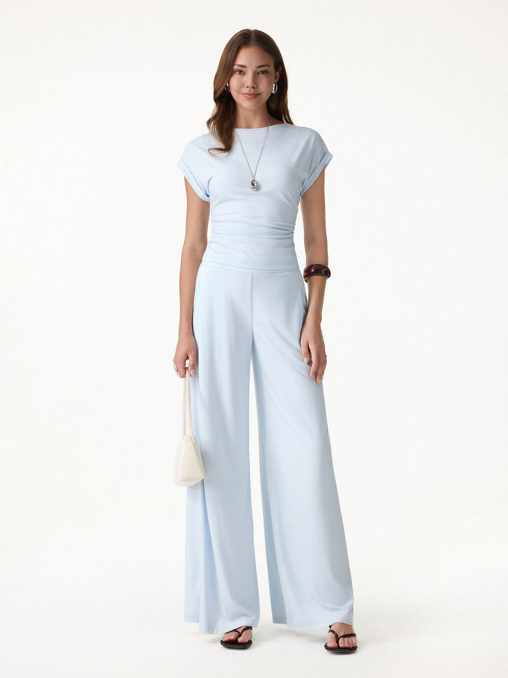 2Pcs Set Round Neck Ruched Tee & Mid Rise Wide Leg Pants