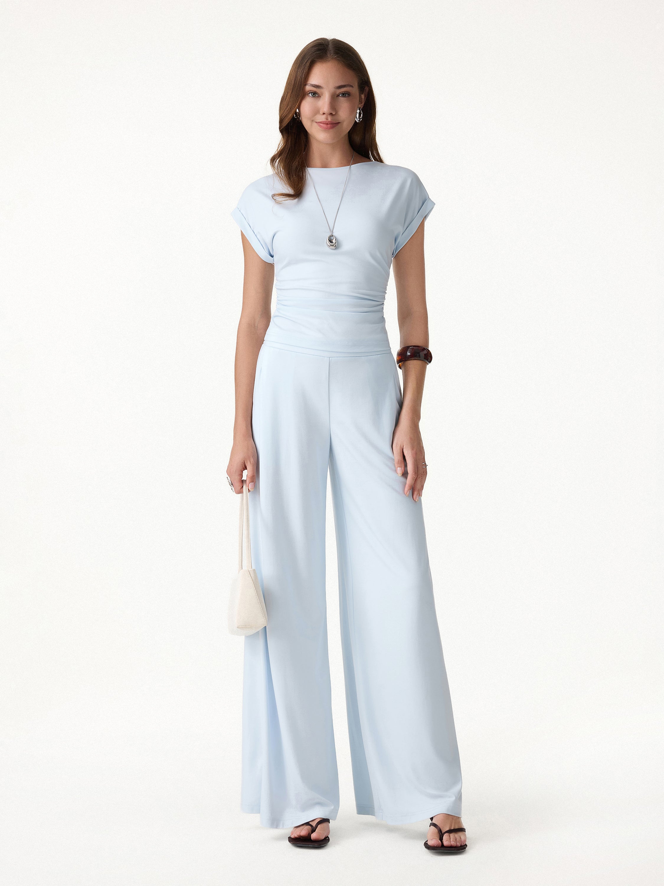 2Pcs Set Round Neck Ruched Tee & Mid Rise Wide Leg Pants