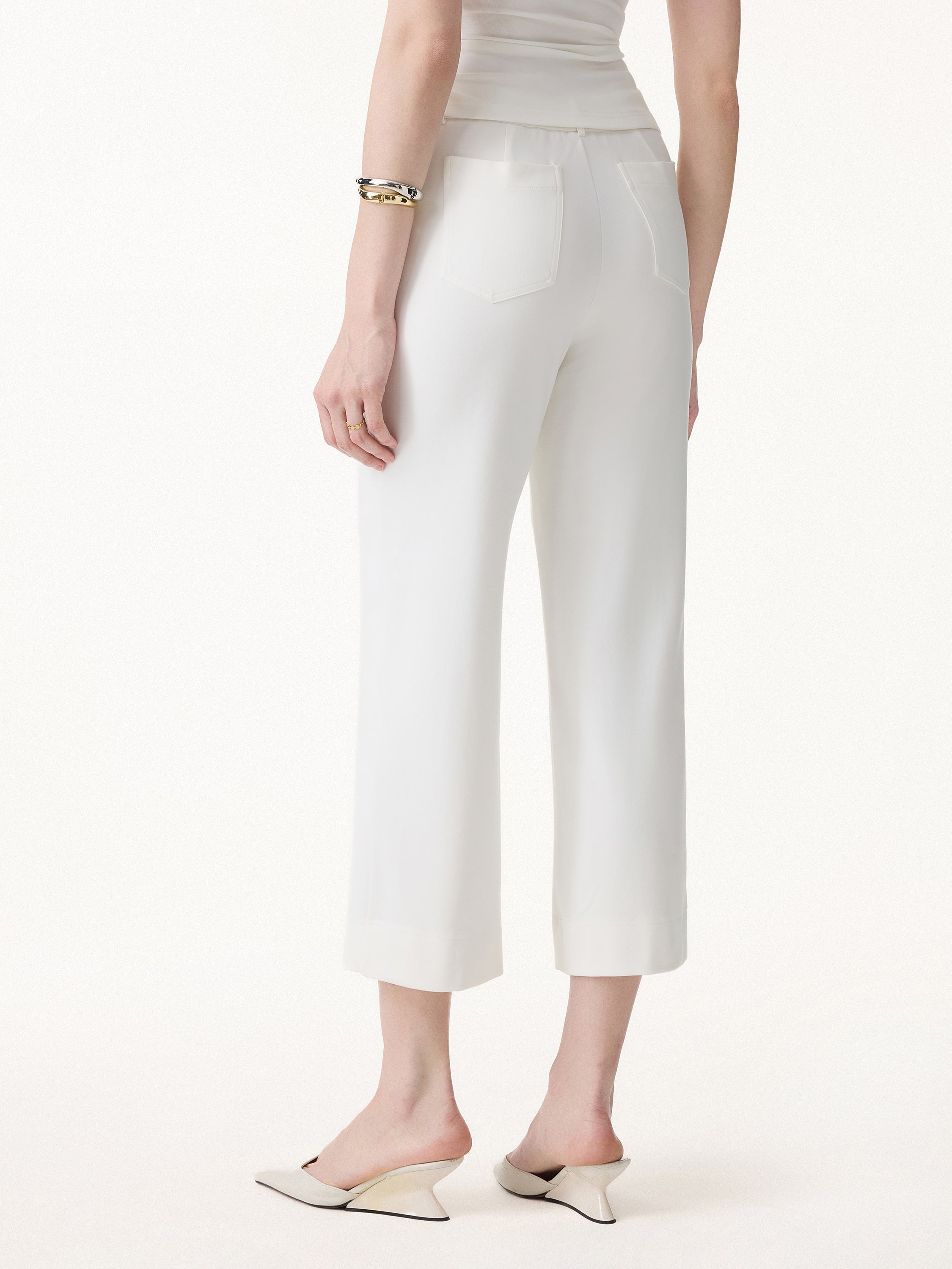 Not-See-Thru Mid Rise Cropped Wide Leg Pants with Pockets