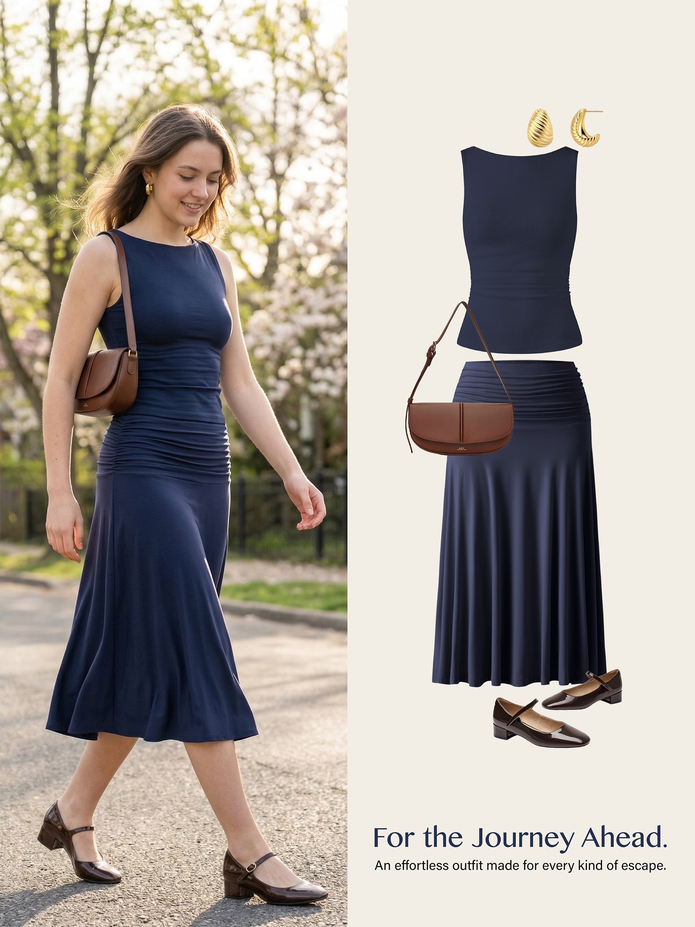 2Pcs Set Open Back Bra Tank & Side Ruched A-line Midi Skirt