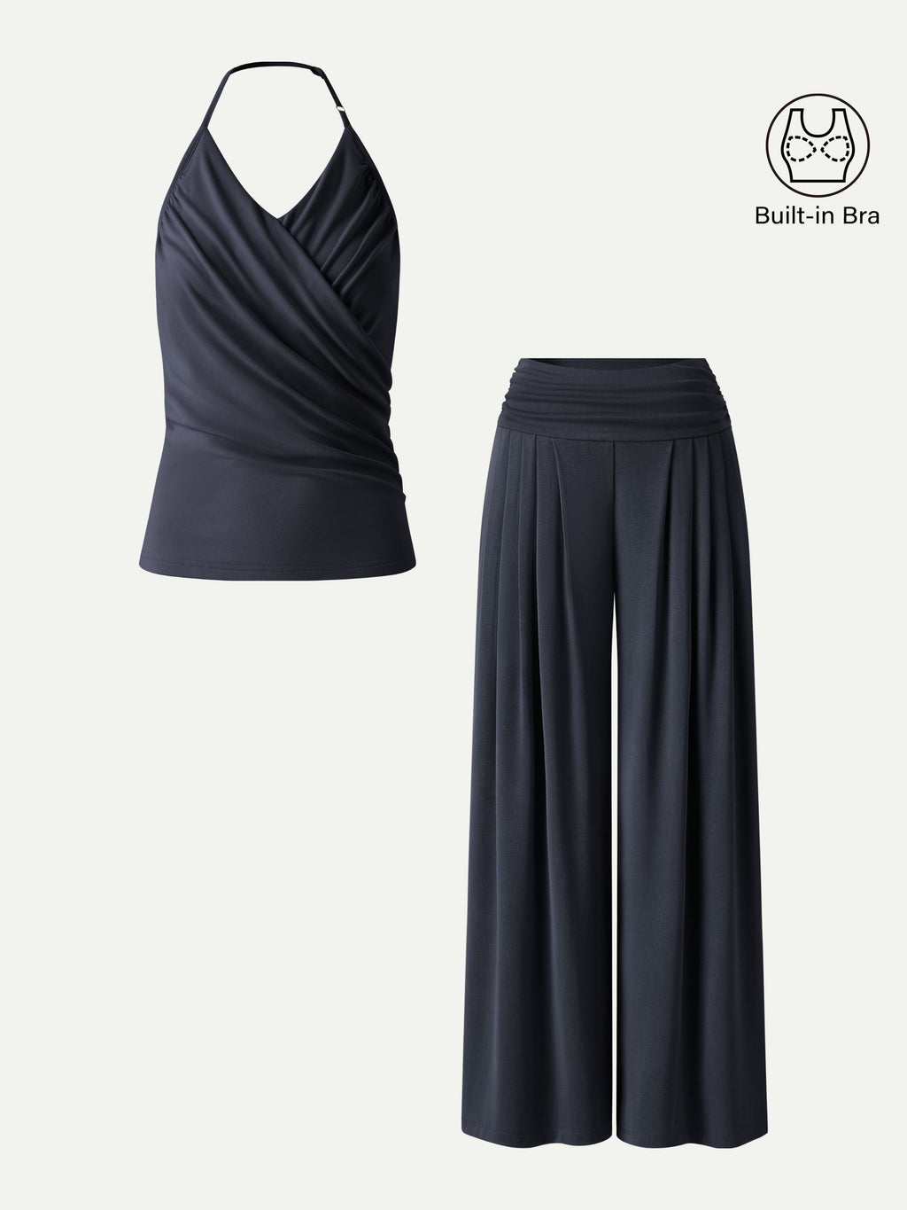 2Pcs Set Halter Neck Surplice Bra Top & Tucked Palazzo Pant with Pockets