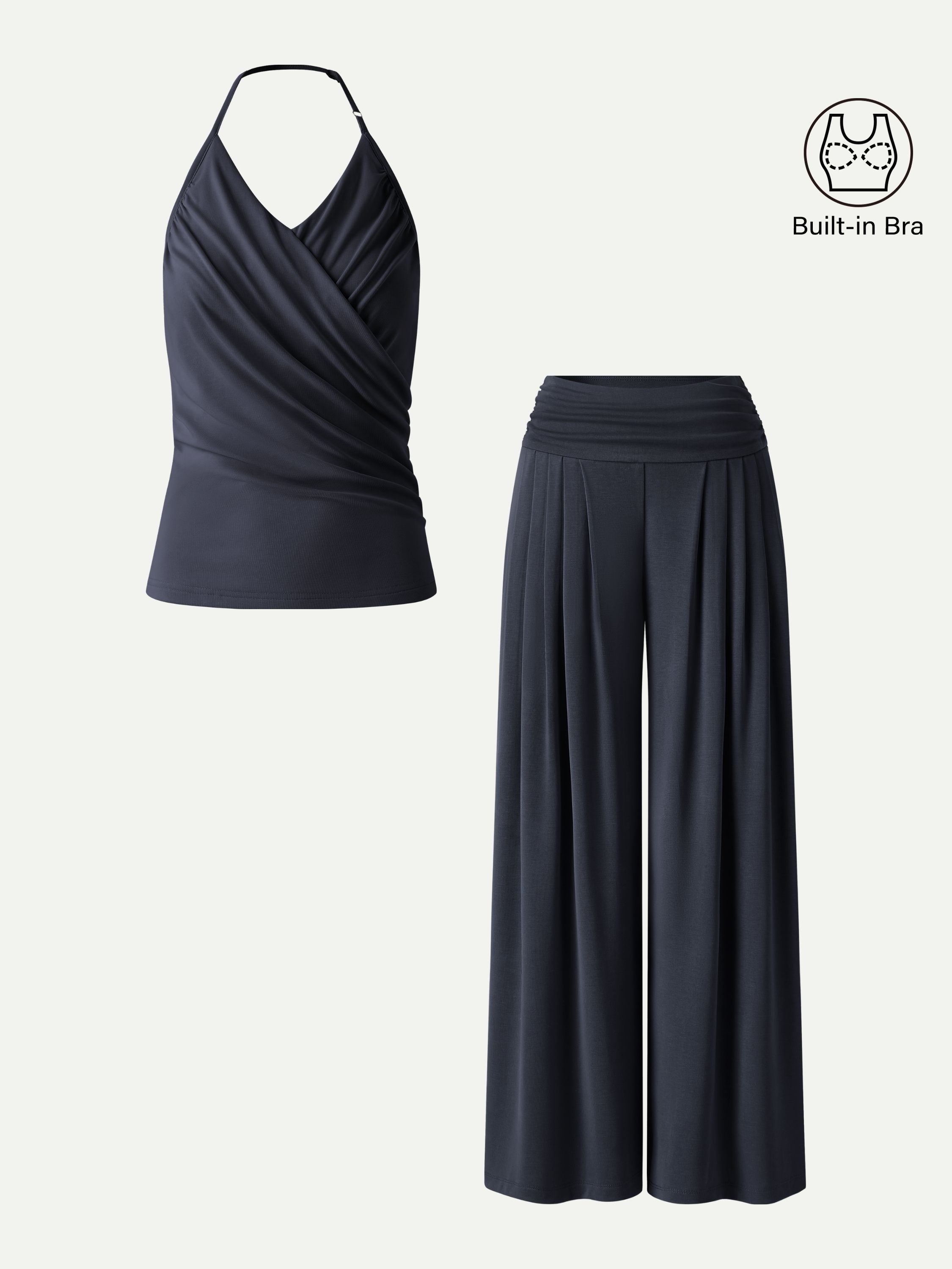 2Pcs Set Halter Neck Surplice Bra Top & Tucked Palazzo Pant with Pockets