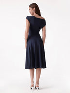 Asymmetrical Shoulder Tucked Midi Bra Dress with Pockets