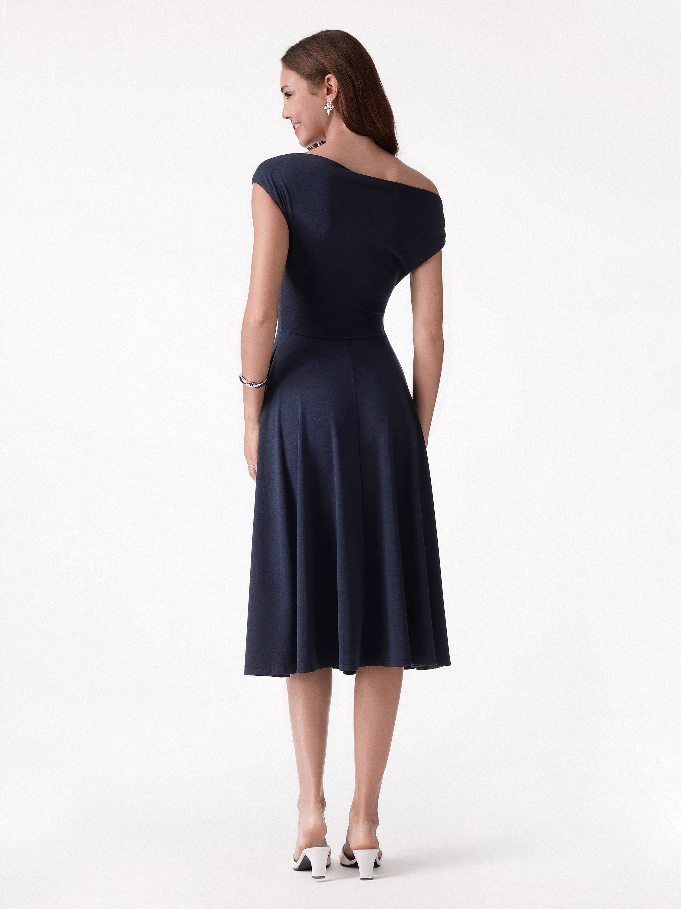 Asymmetrical Shoulder Tucked Midi Bra Dress with Pockets