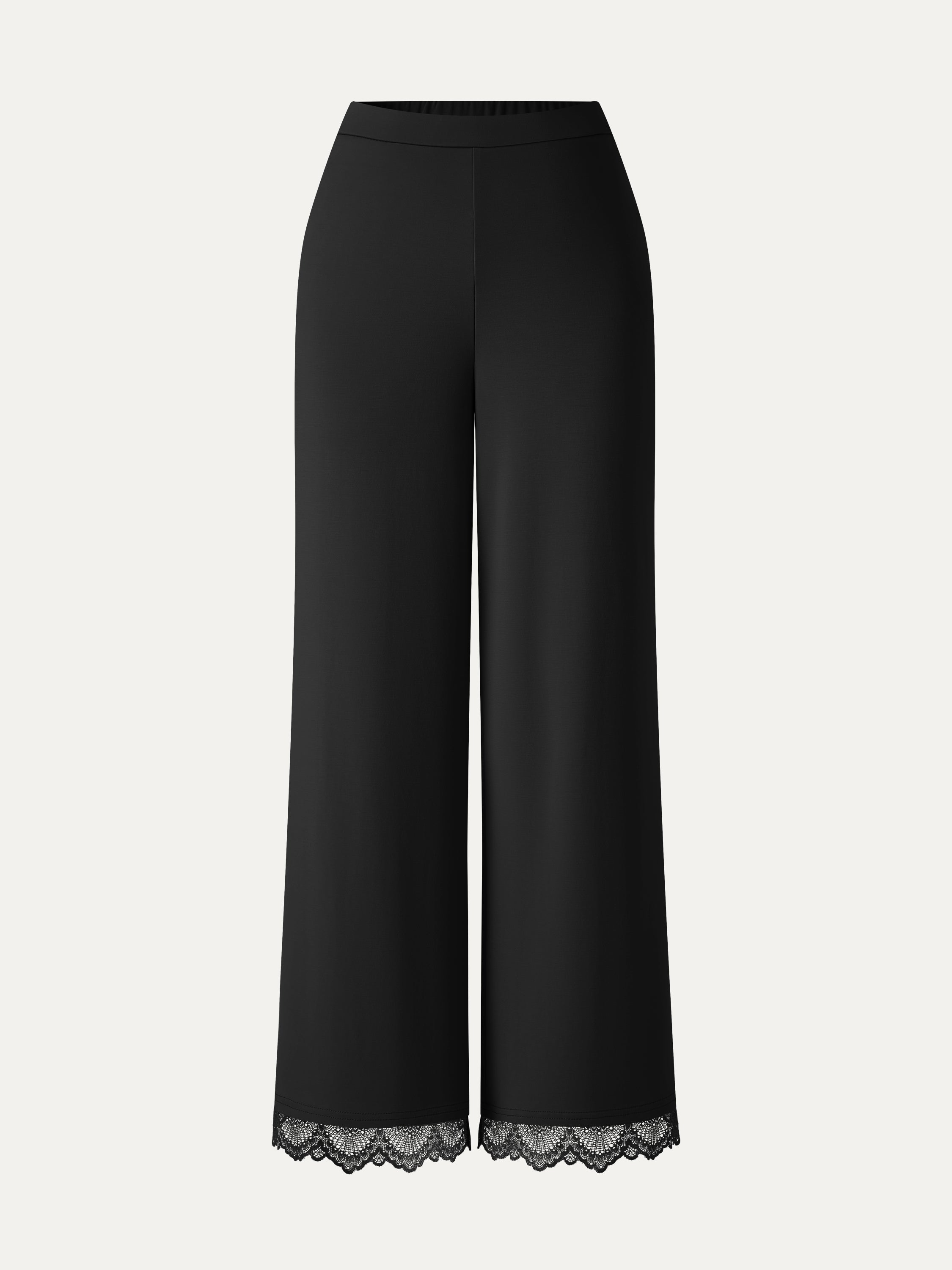 Lace Trim Draped Mid Rise Wide Leg Pants with Pockets