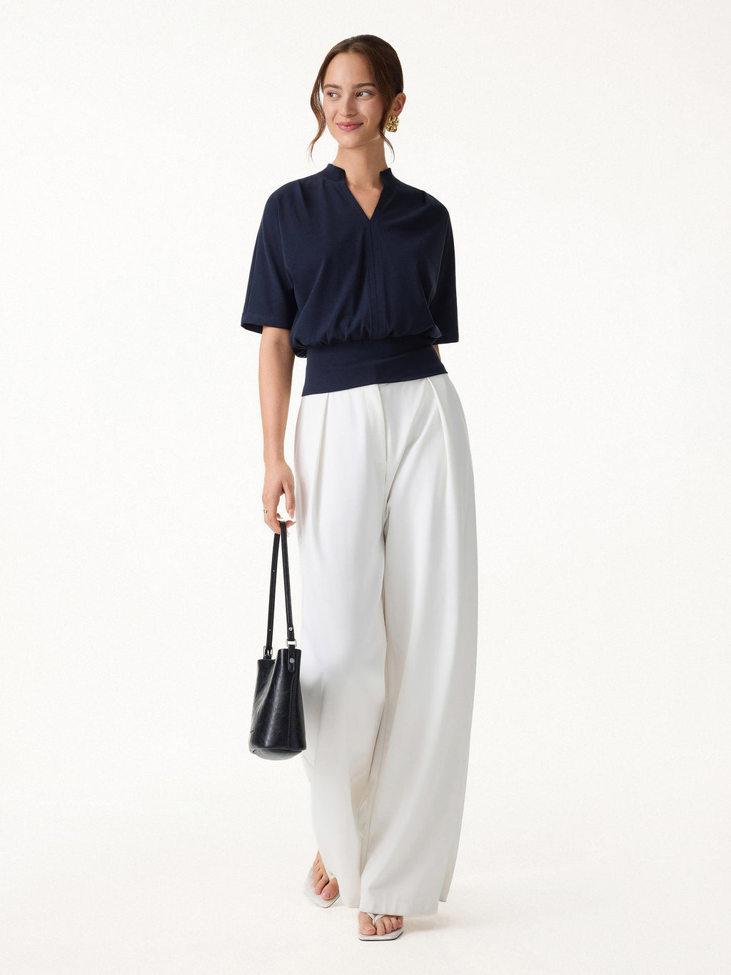 Stand Collar V-Neck Short Sleeve Top