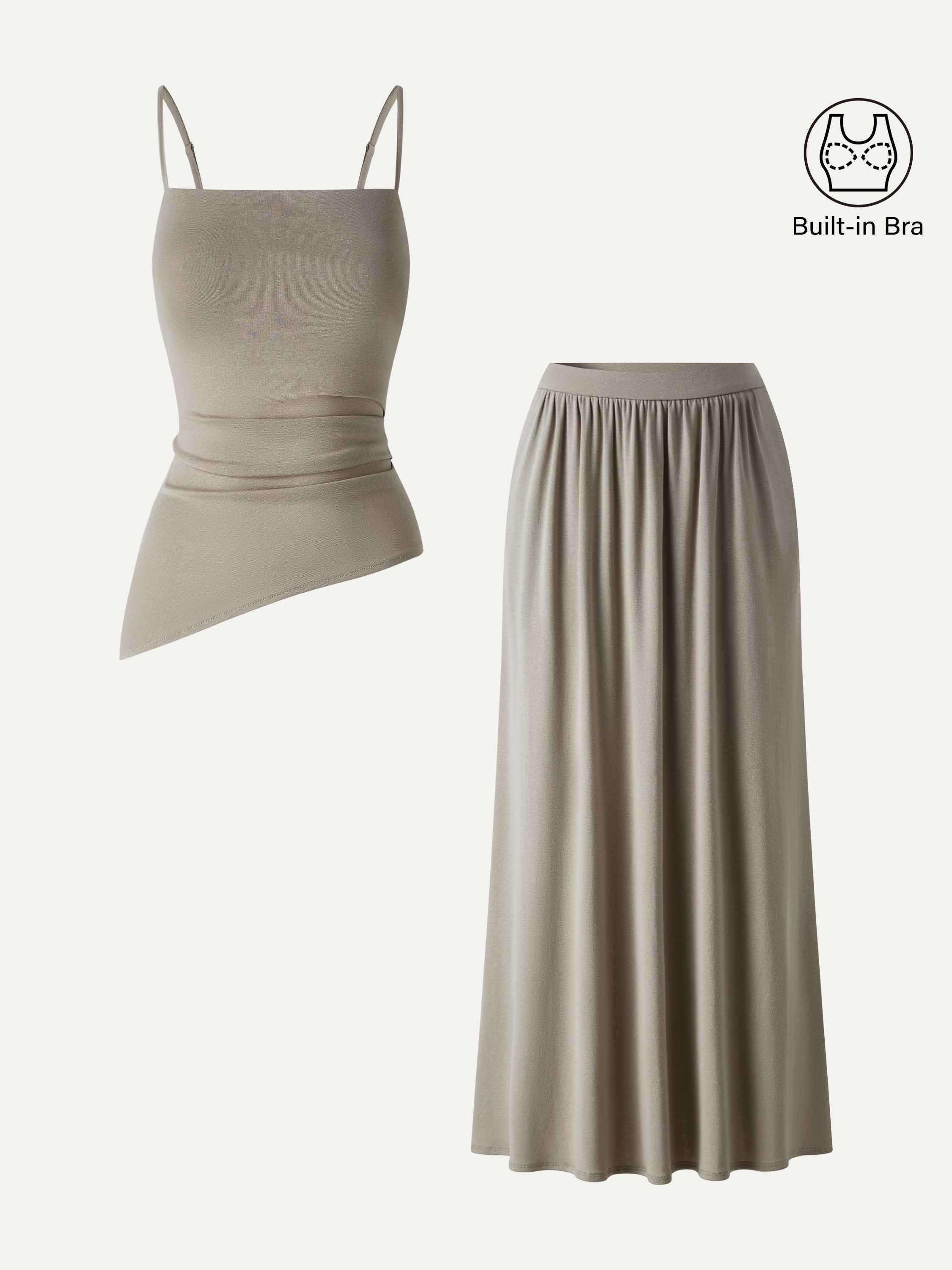 2Pcs Set Spaghetti Bra Top with Side Slit & A-Line Maxi Skirt with Pockets