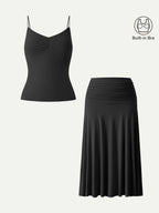 2Pcs Set Front Tucked Spaghetti Brami & A-line Midi Skirt