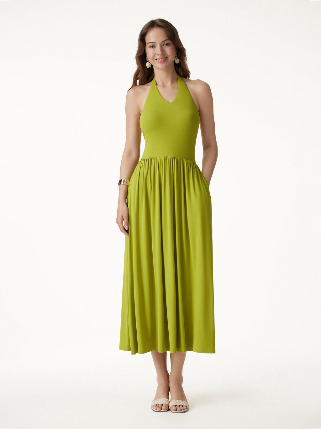 SkinKiss Halter Ruched Midi Bra Dress with Pockets