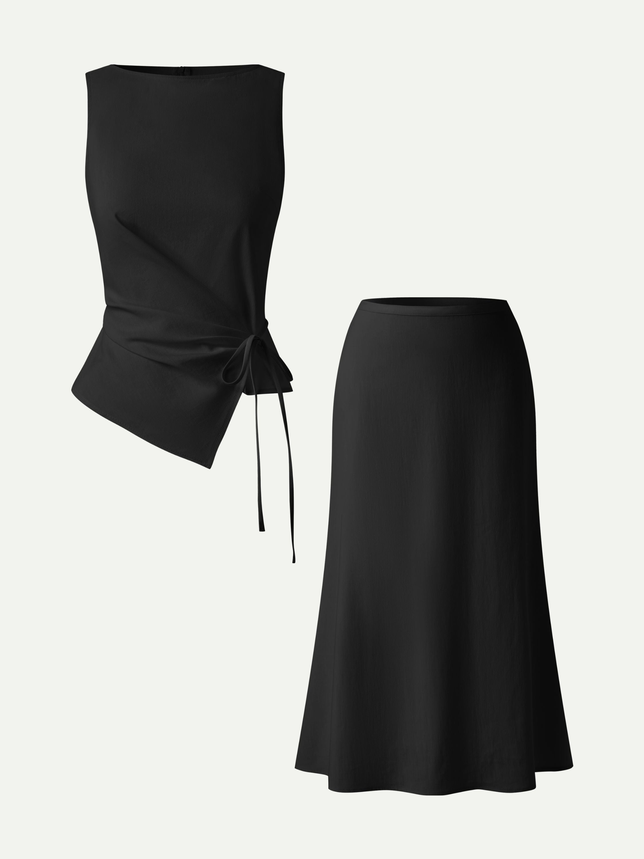 2Pcs Set Boatneck Waist-Defined Top & Maxi Flared Pull-On Skirt