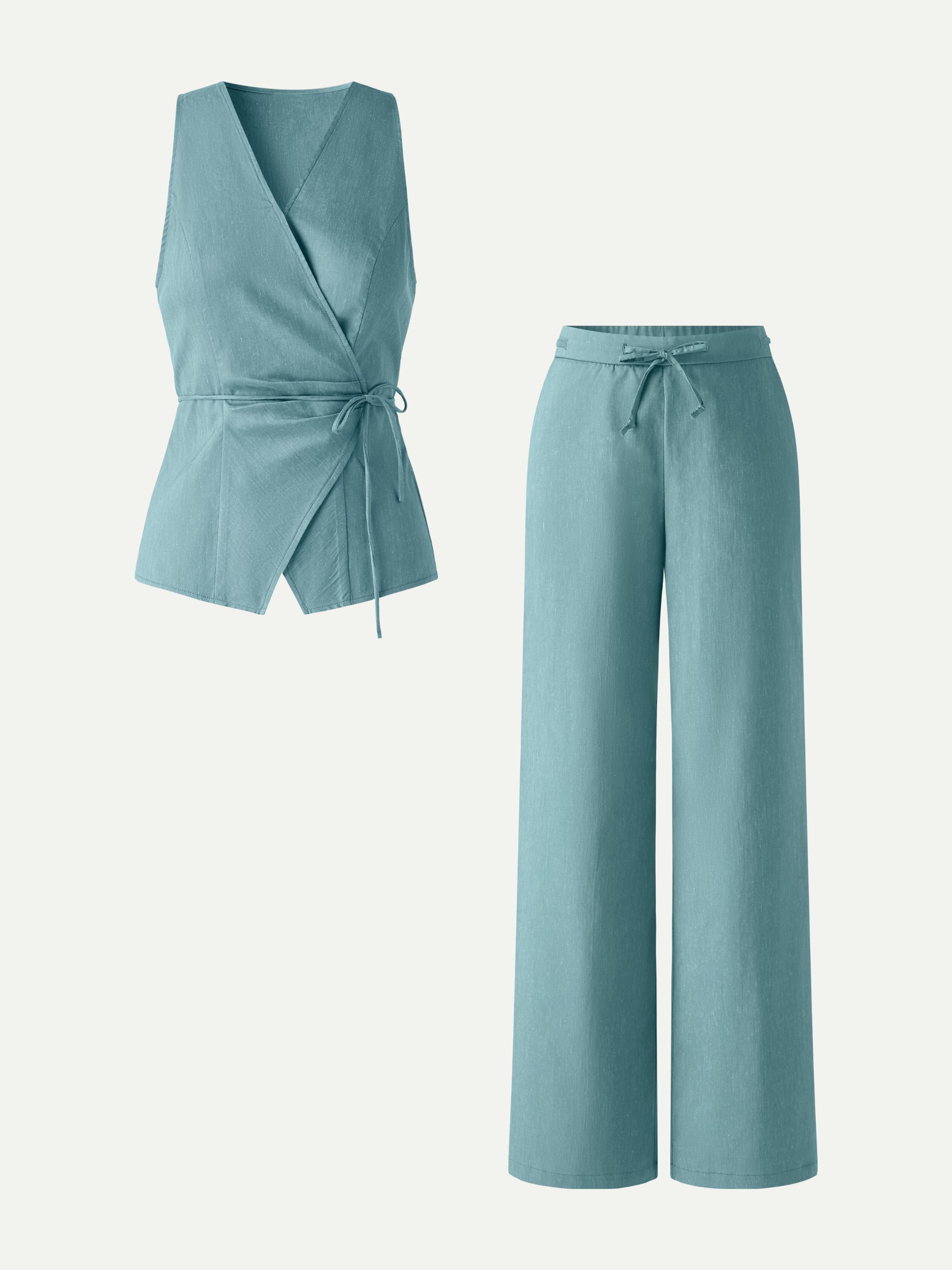 2Pcs Set Wrap Top with Self-Tie & Drawstring Wide Leg Pant with Pockets