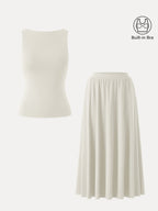 2Pcs Set Stretch Cotton Boatneck Bra Tank & Maxi Umbrella Skirt with Pockets