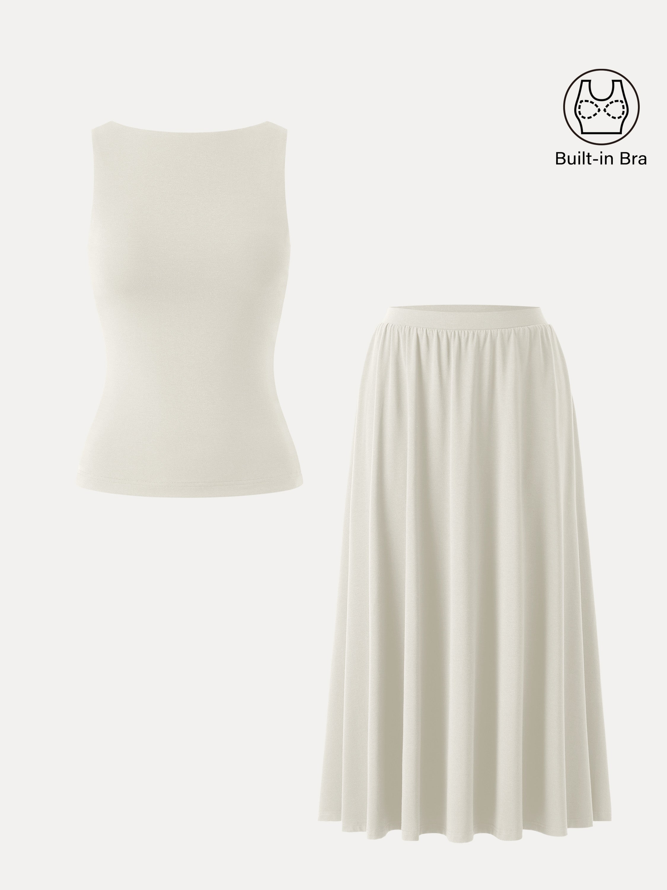 2Pcs Set Stretch Cotton Boatneck Bra Tank & Maxi Umbrella Skirt with Pockets