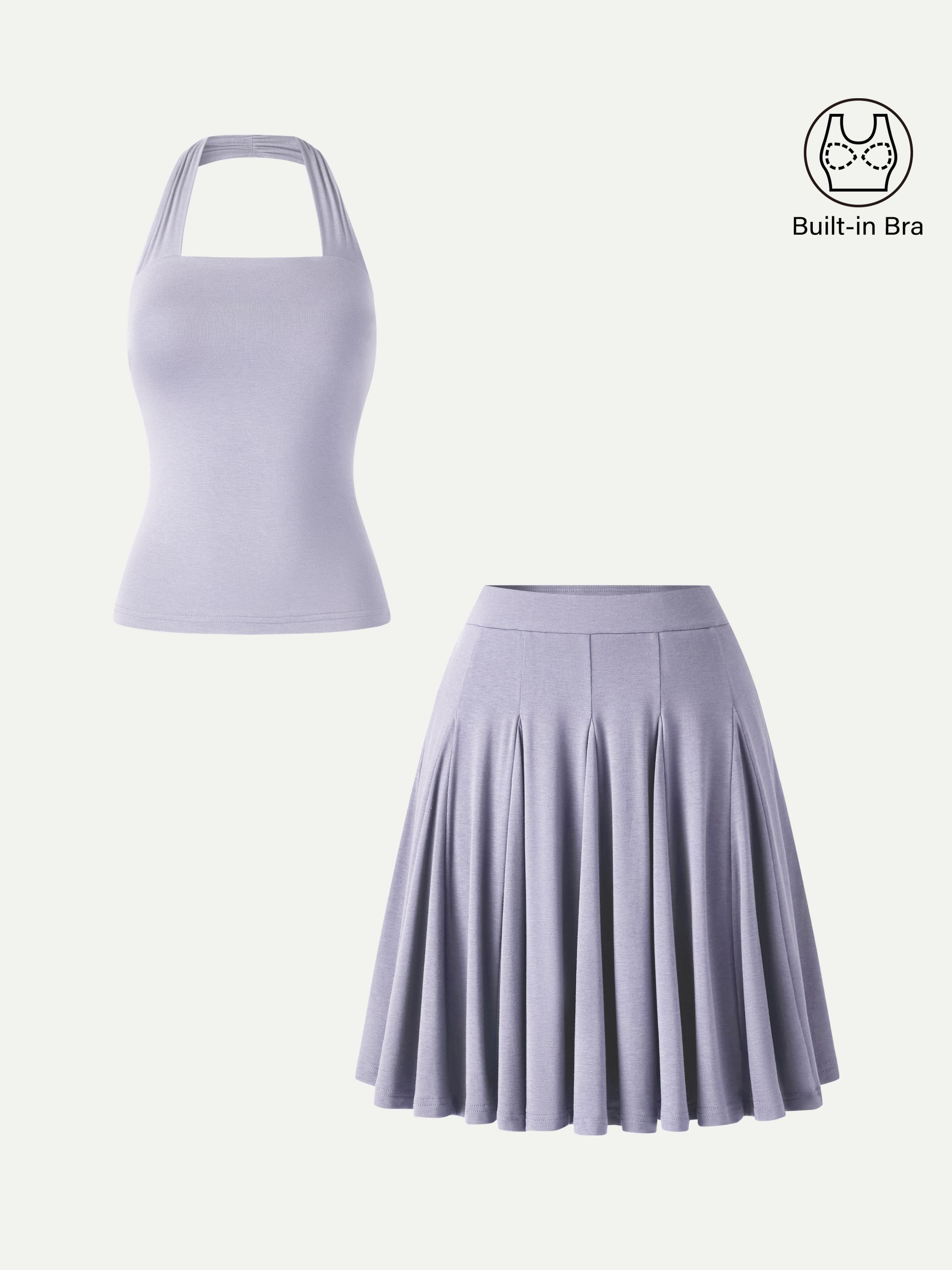 2Pcs Set Halter Going-Out Bra Top & Knee-Length Flare Skirt