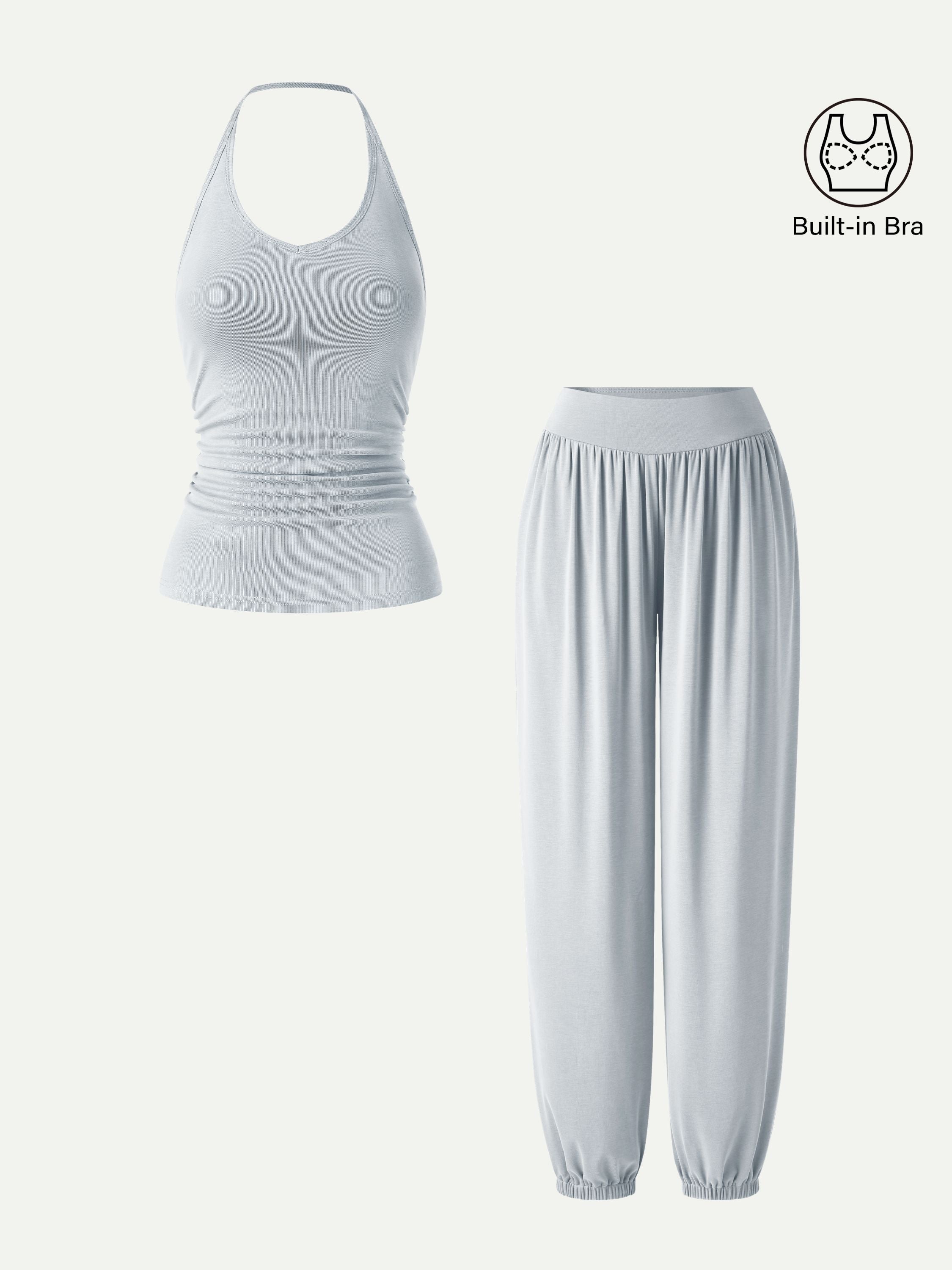 2Pcs Set Open Back Bra Top & Balloon Pants with Pockets