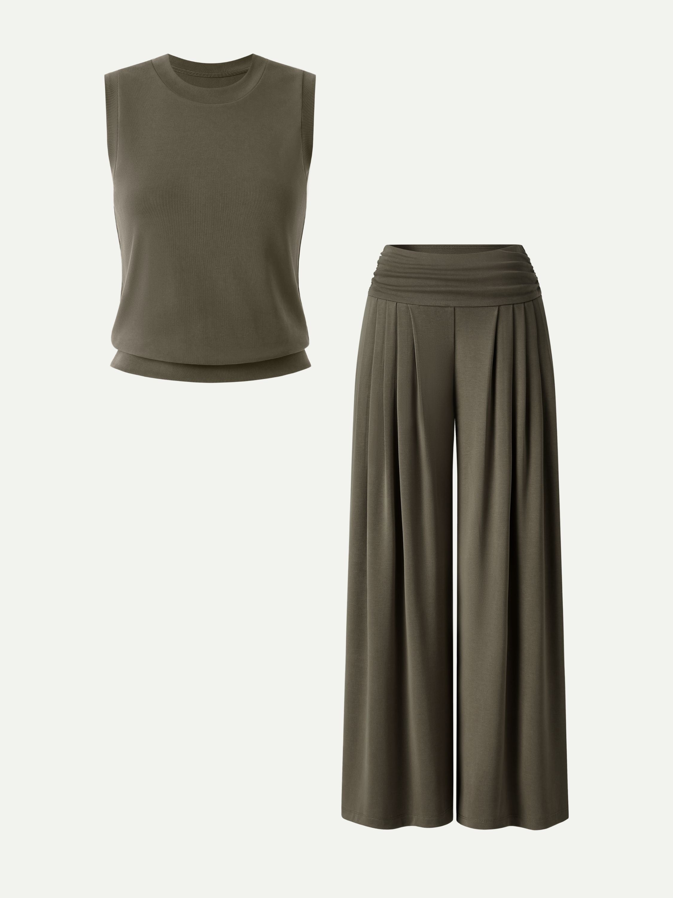2Pcs Set Crew Neck Top & Flowy Tucked Palazzo Pant with Pockets