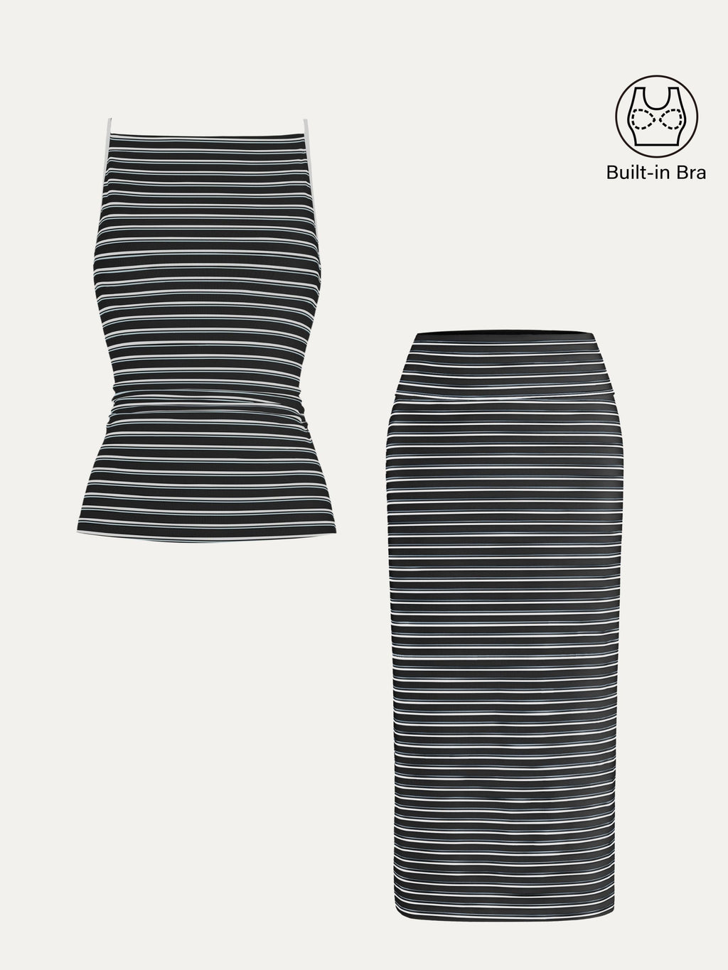 2Pcs Set Striped Spaghetti Bra Top & Low Rise Striped Midi Skirt