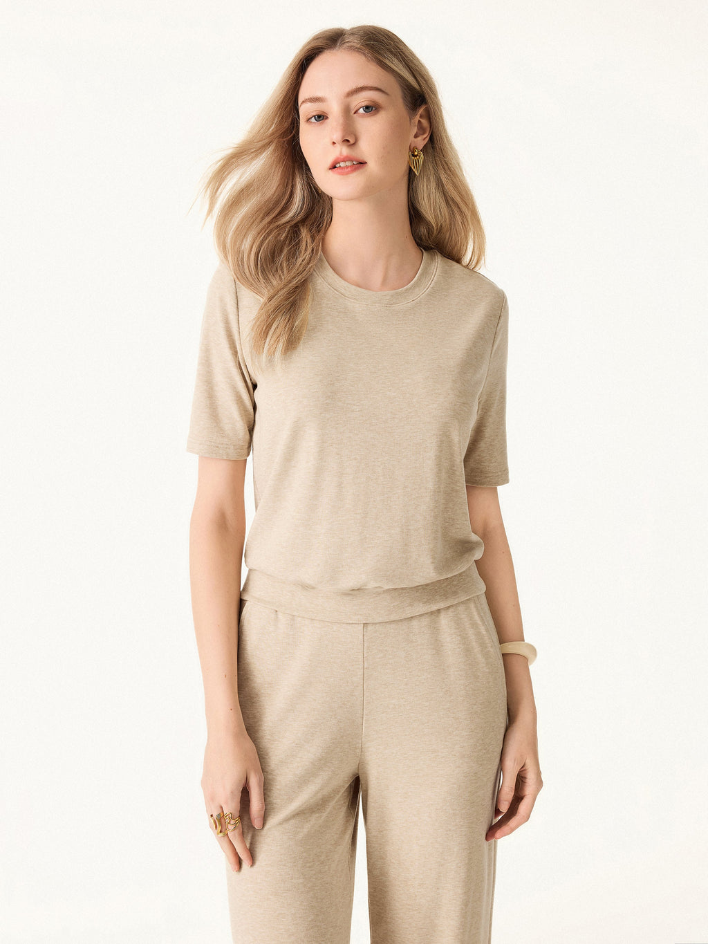 2Pcs Set Petite Mid Rise Wide Leg Pant with Pockets & Crewneck Bra Top with Banded Hem