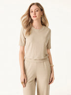 2Pcs Set Petite Mid Rise Wide Leg Pant with Pockets & Crewneck Bra Top with Banded Hem