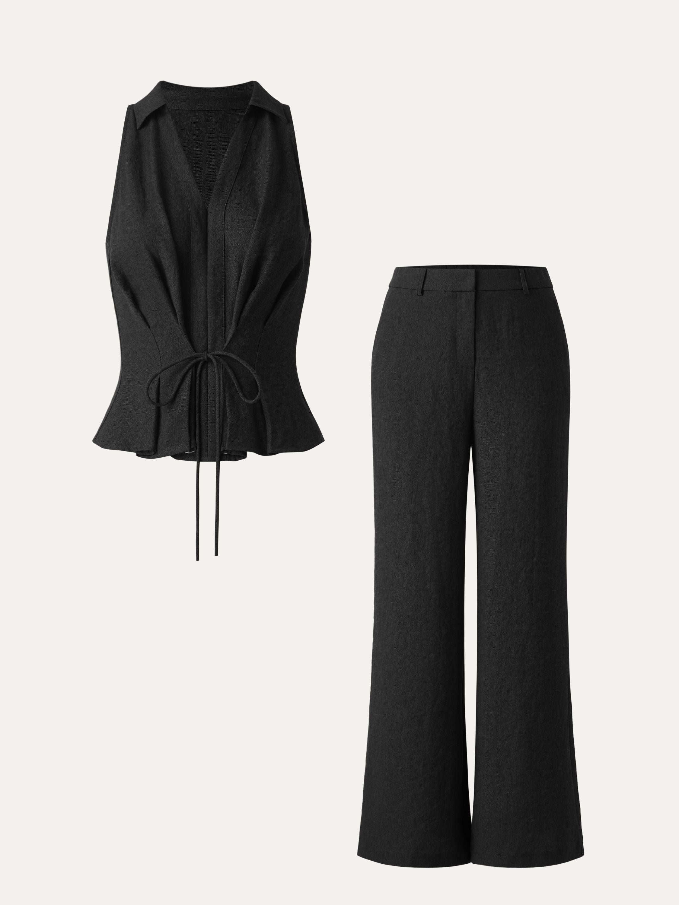 2Pcs Set Collared V-neck Sleeveless Top & Mid Rise Flared Pant with Pockets