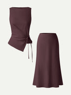 2Pcs Set Boatneck Waist-Defined Top & Maxi Flared Pull-On Skirt