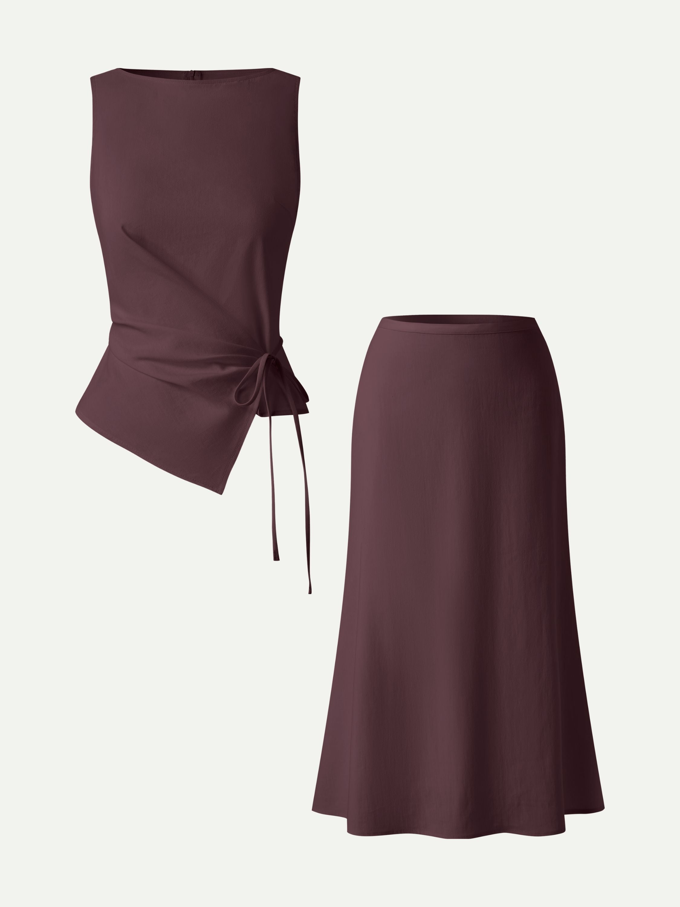 2Pcs Set Boatneck Waist-Defined Top & Maxi Flared Pull-On Skirt